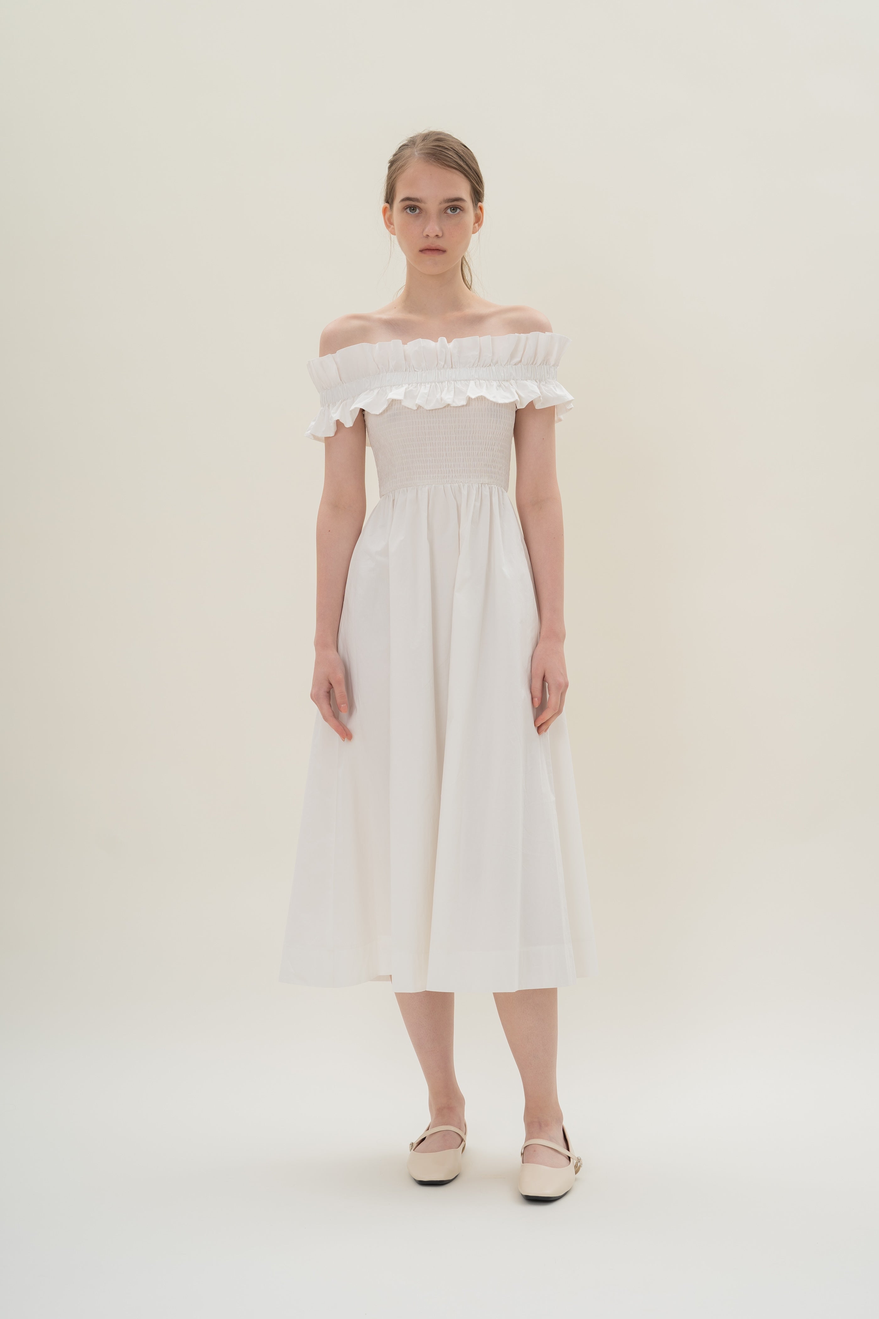 Off Shoulder Dress with Ruffles in White