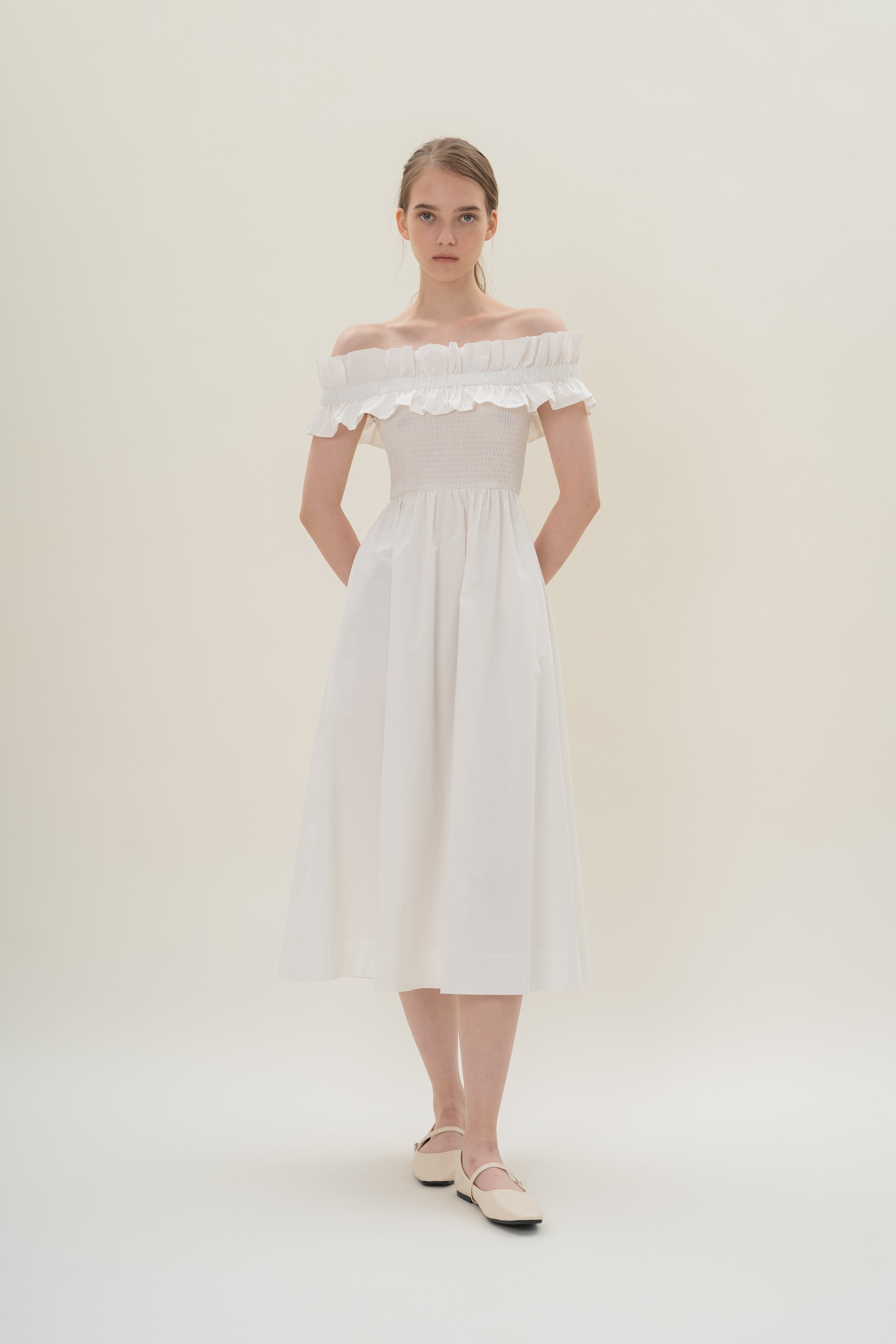 Off Shoulder Dress with Ruffles in White