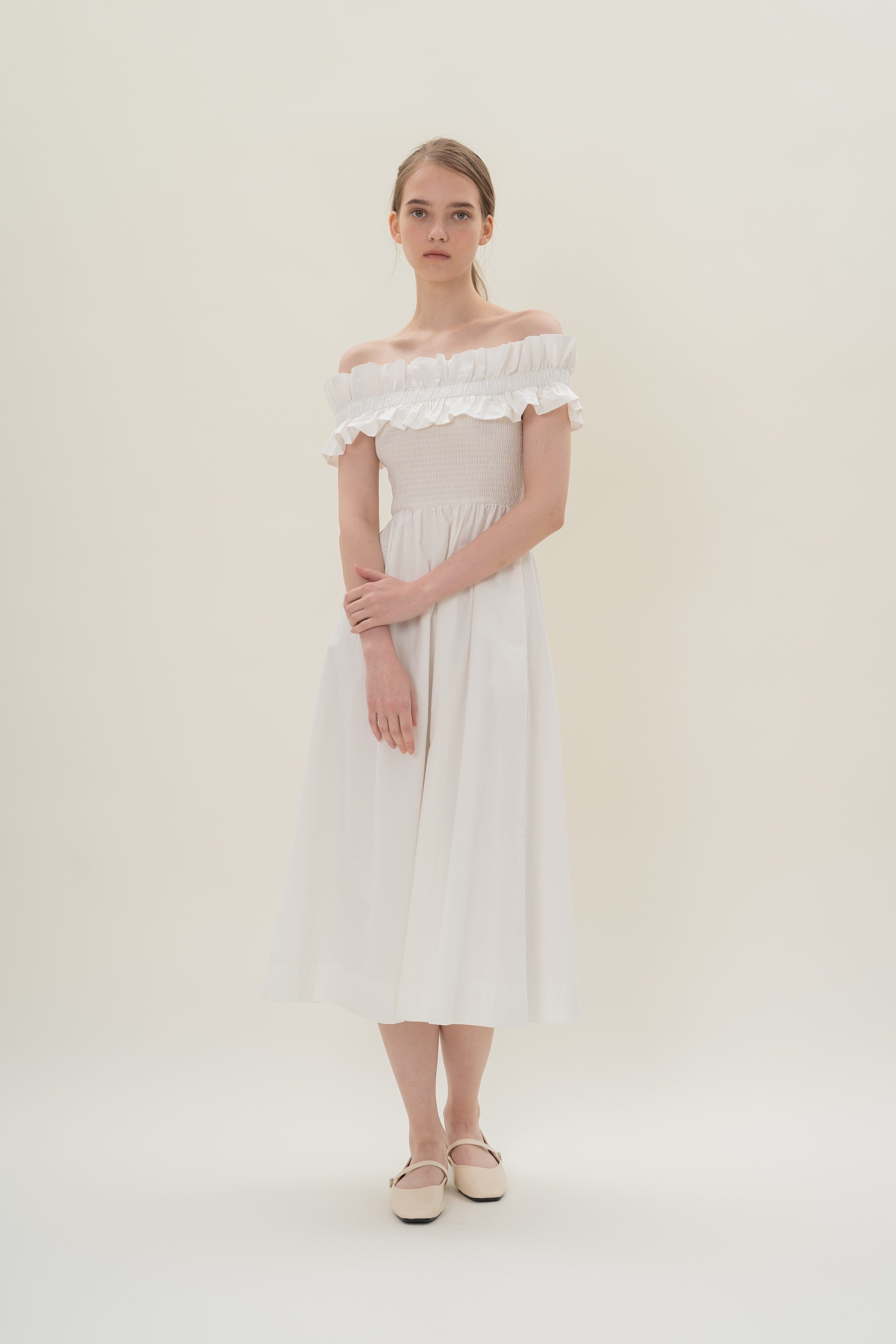 Off Shoulder Dress with Ruffles in White