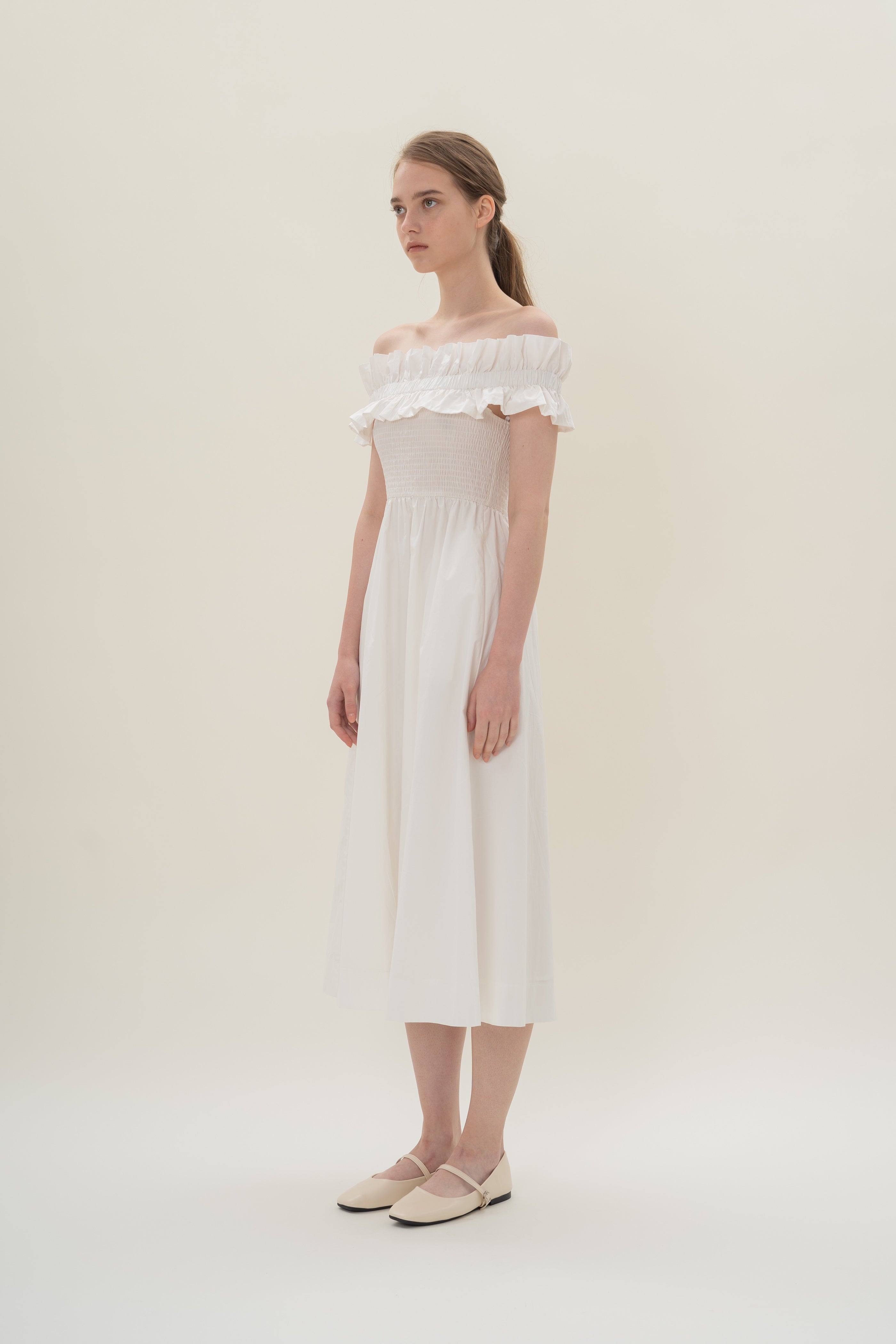 Off Shoulder Dress with Ruffles in White