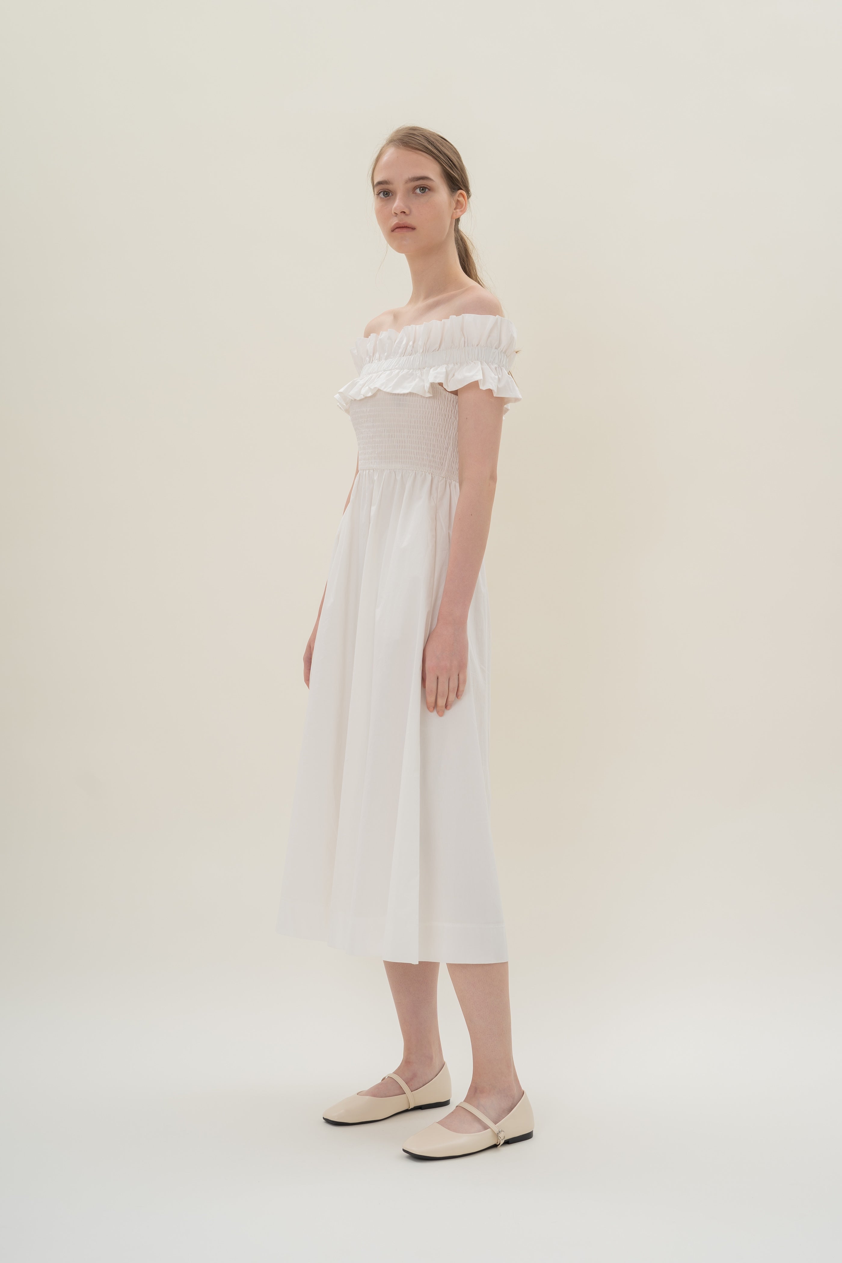 Off Shoulder Dress with Ruffles in White