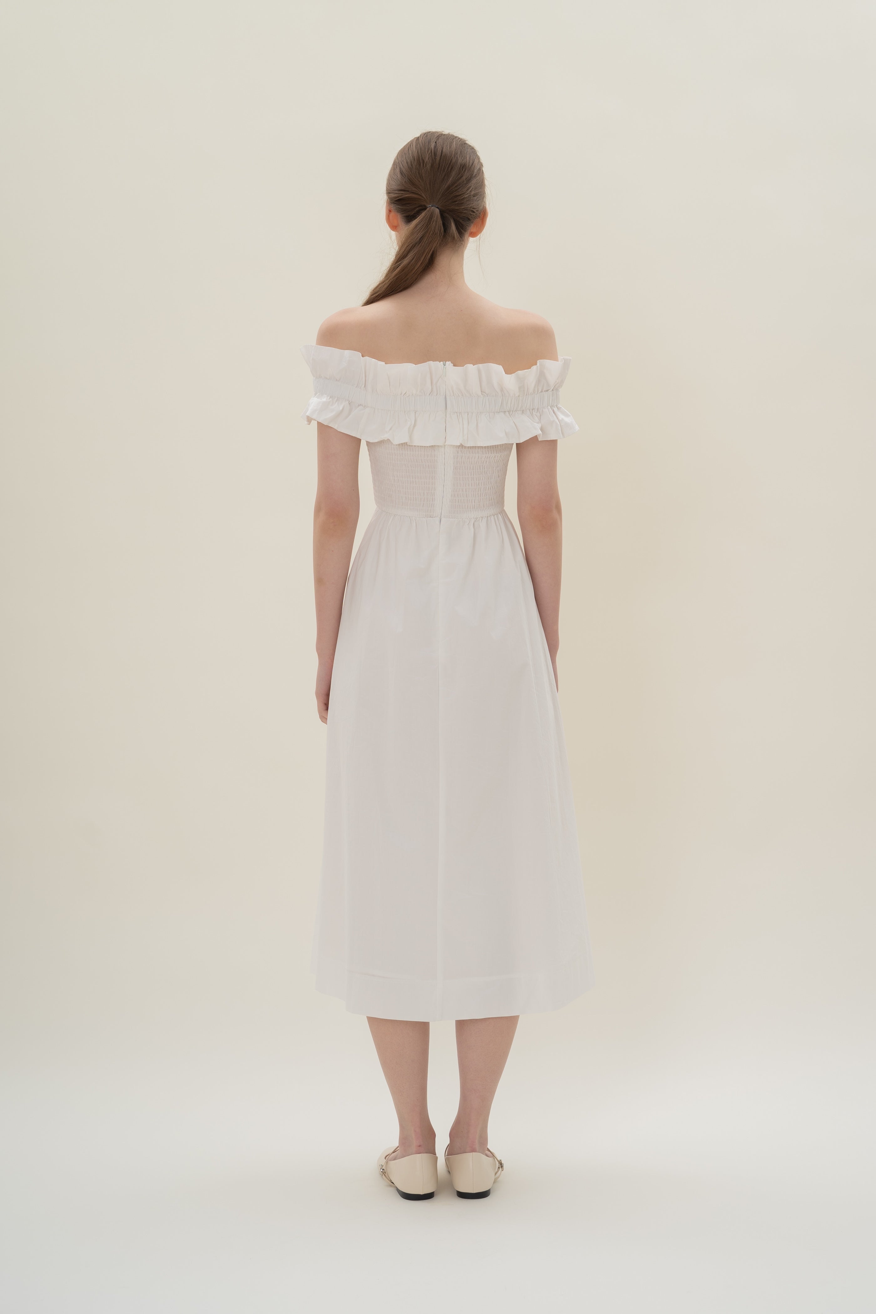 Off Shoulder Dress with Ruffles in White