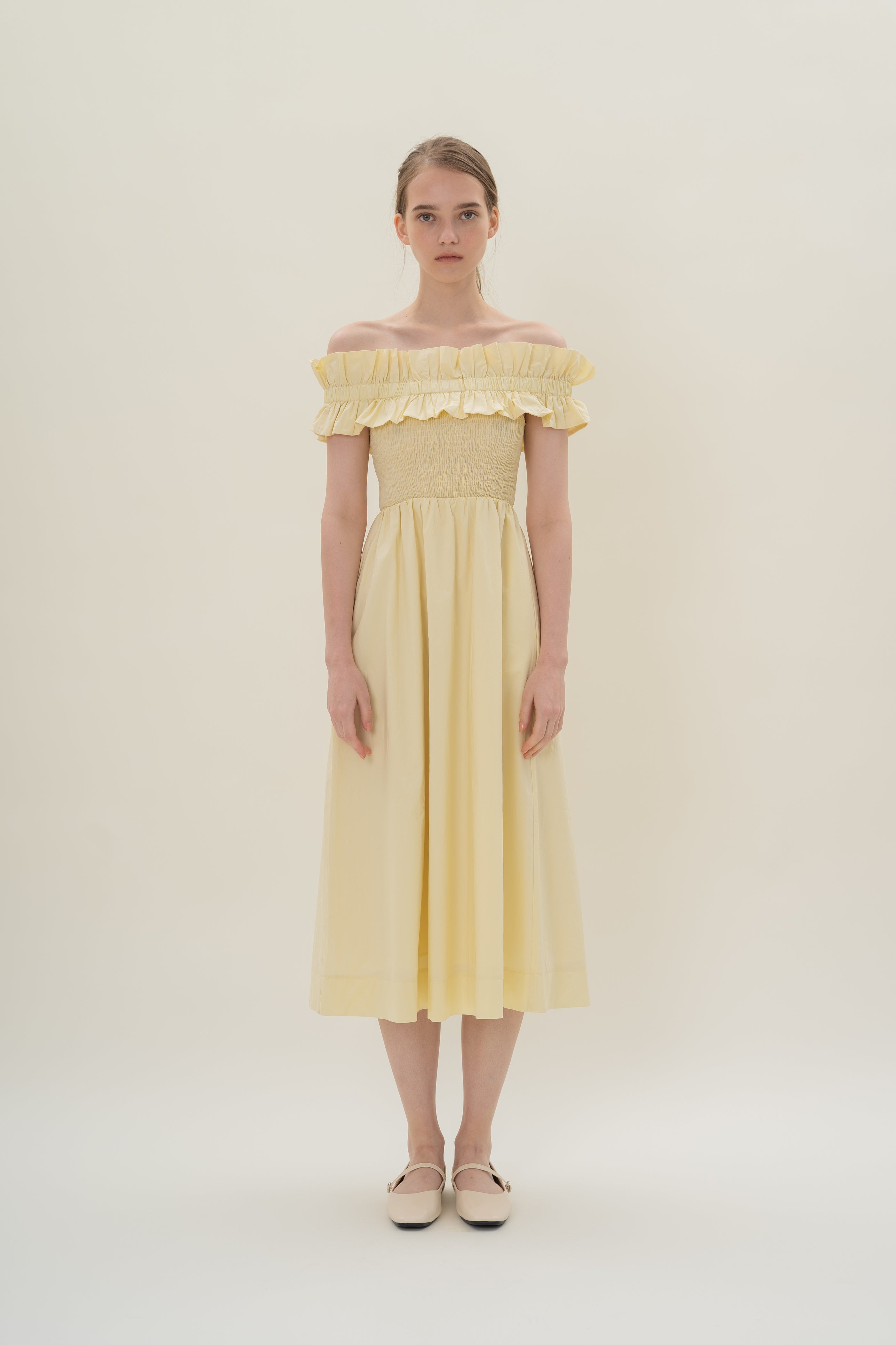 Off Shoulder Dress with Ruffles in Souffle