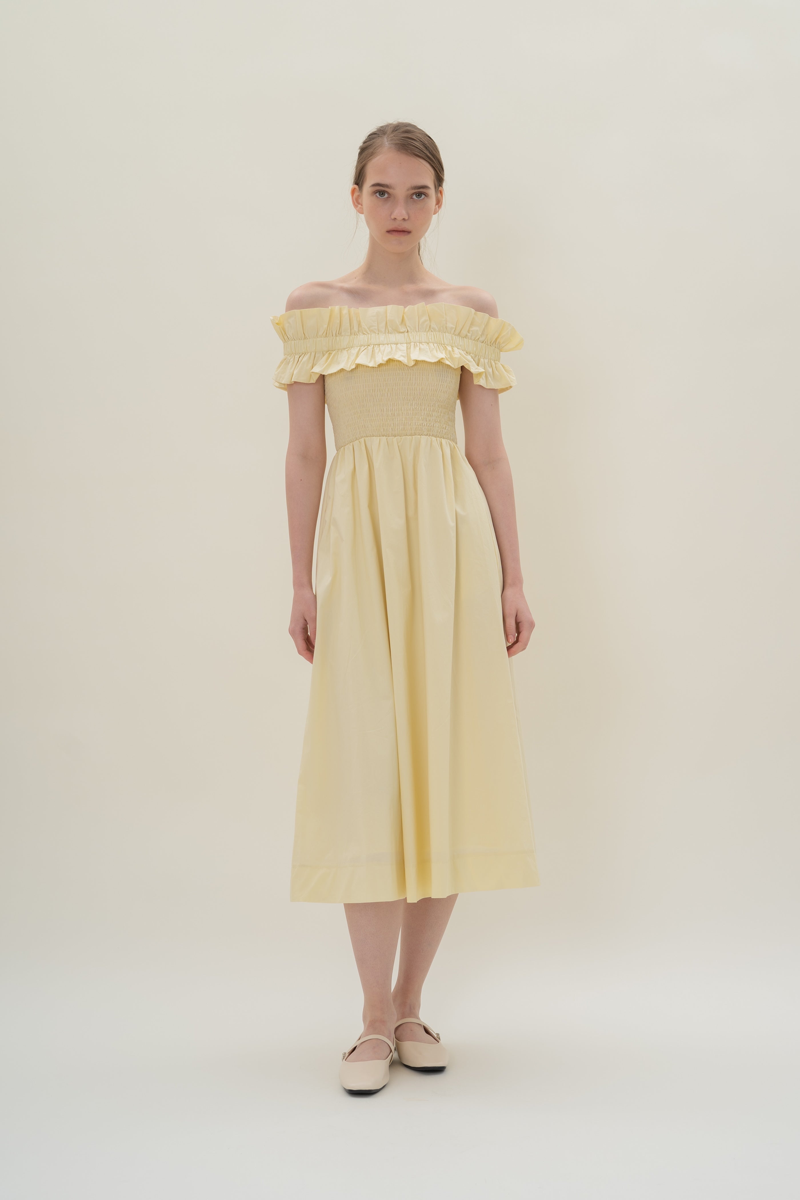 Off Shoulder Dress with Ruffles in Souffle