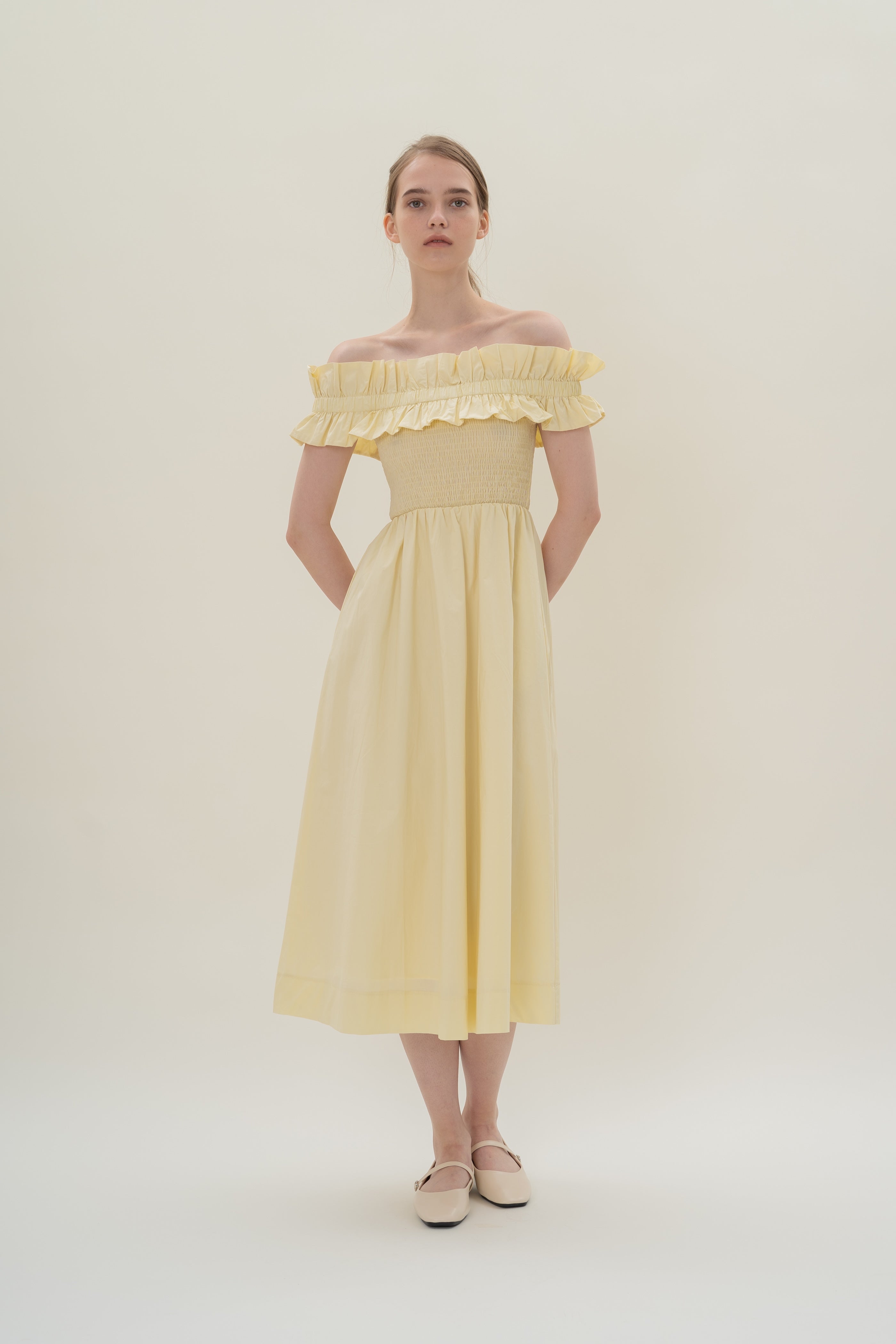 Off Shoulder Dress with Ruffles in Souffle