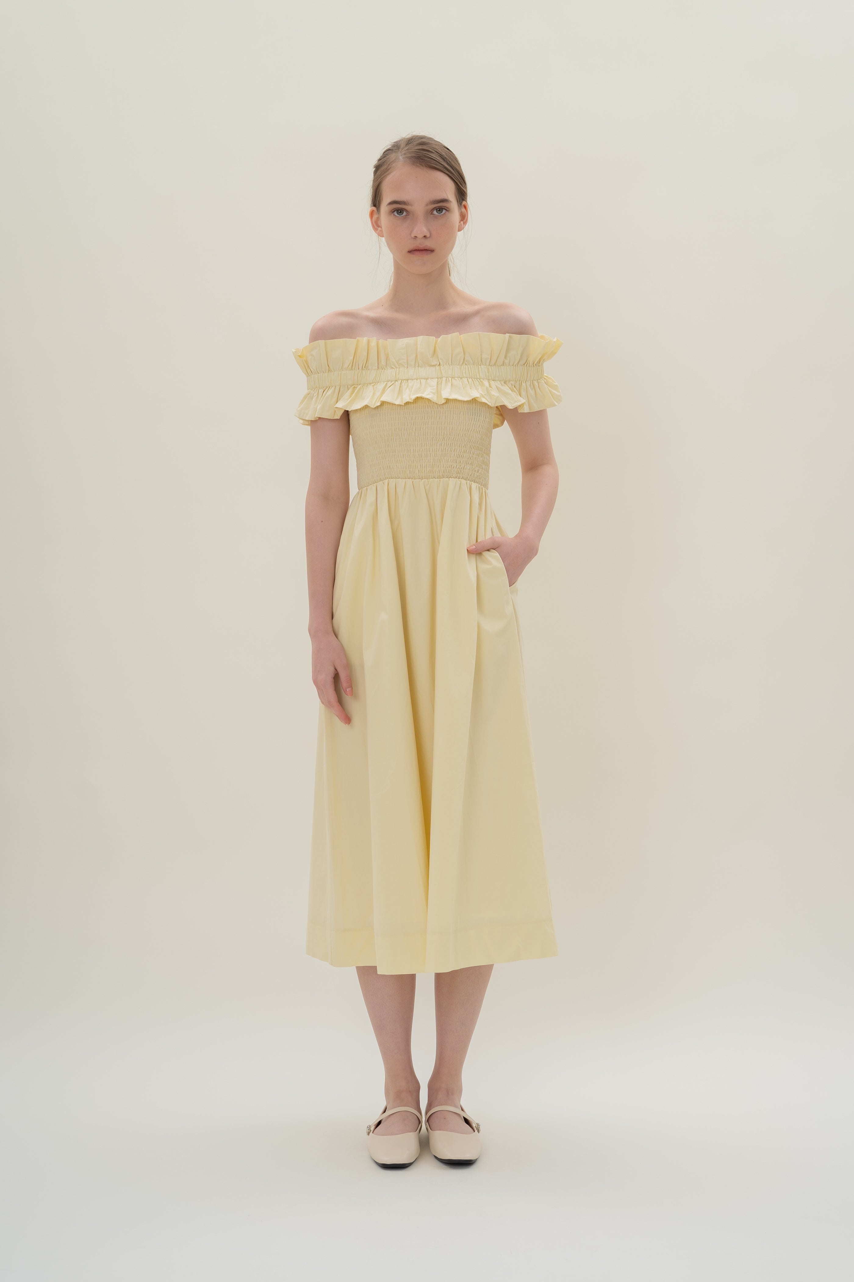 Off Shoulder Dress with Ruffles in Souffle