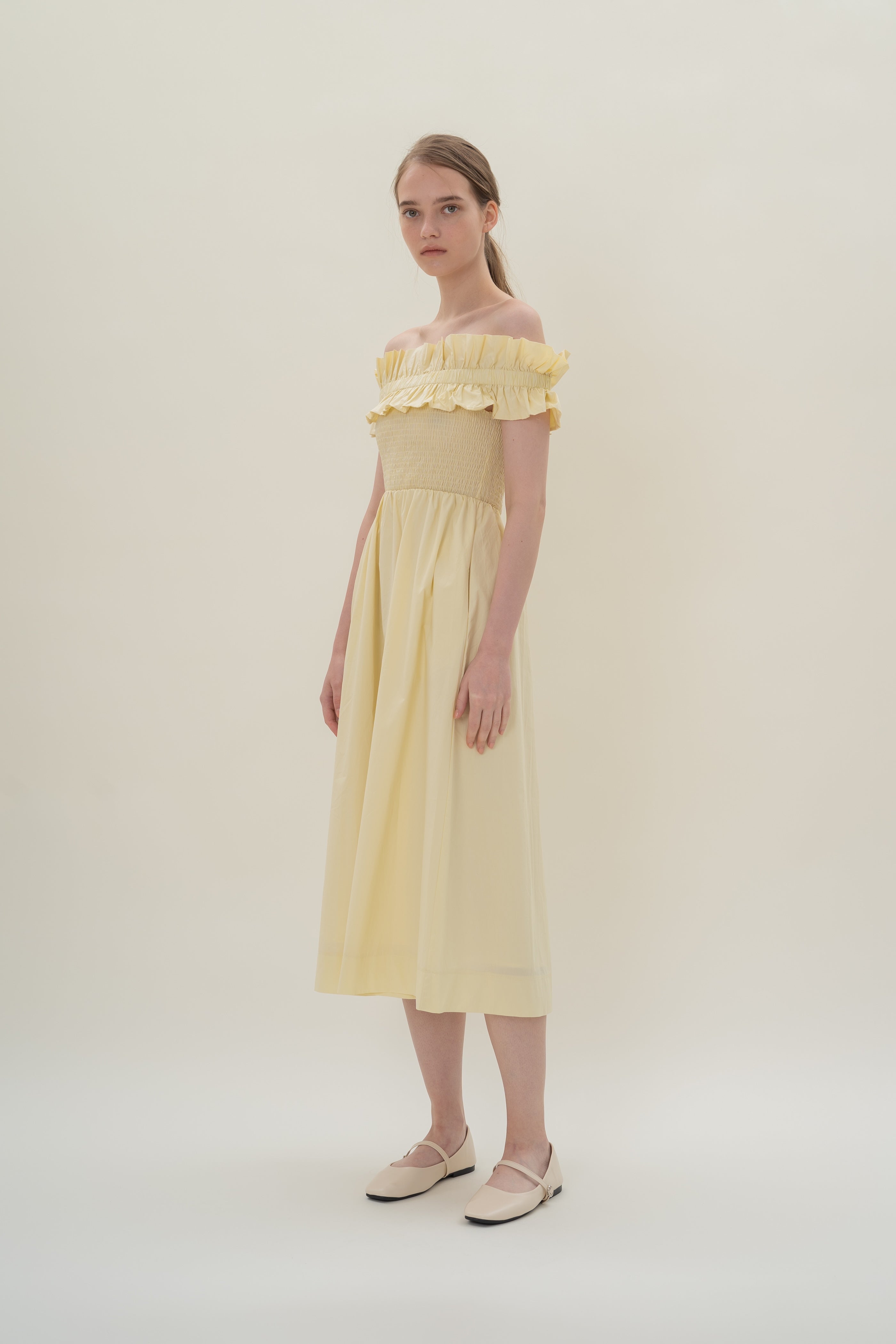 Off Shoulder Dress with Ruffles in Souffle