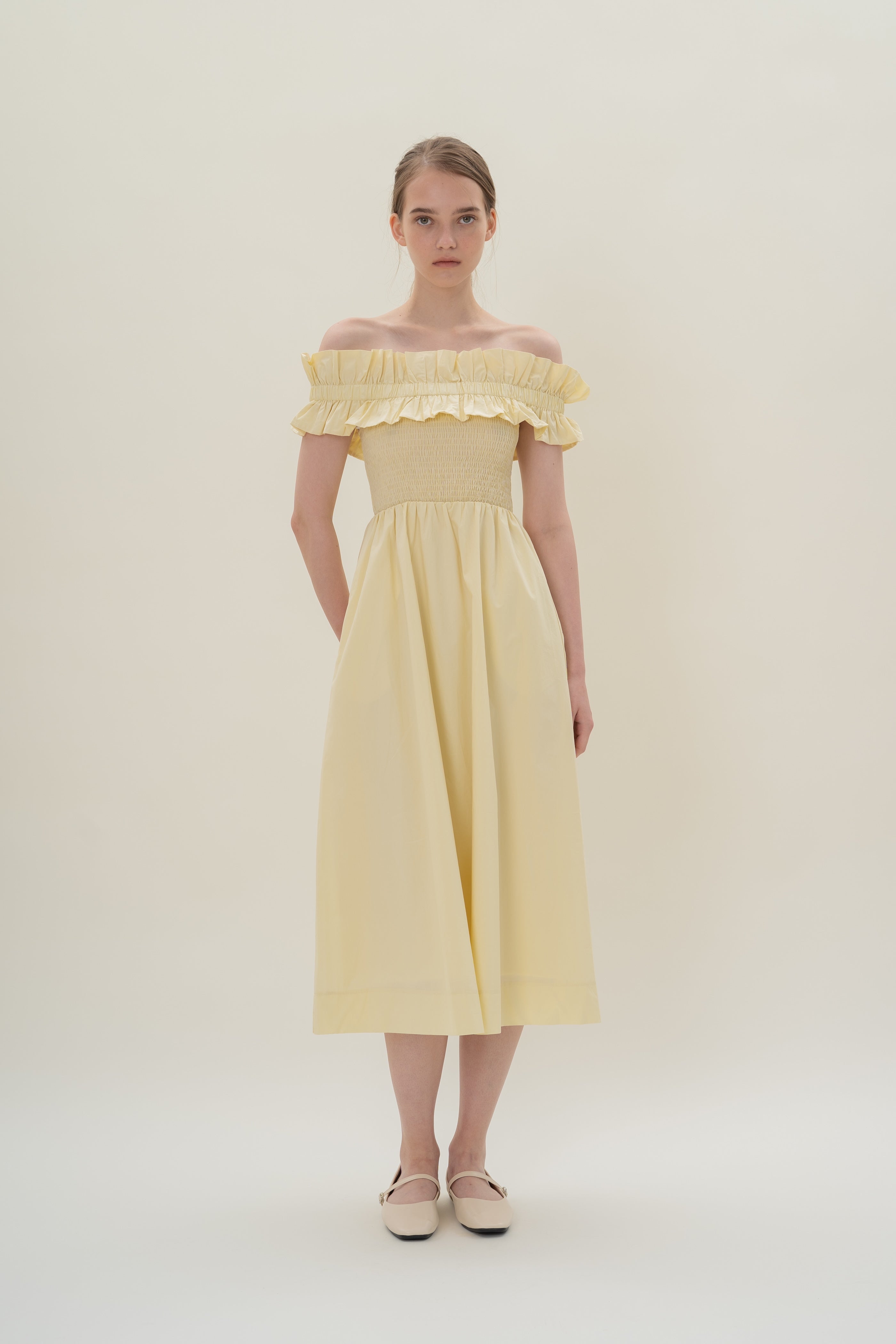 Off Shoulder Dress with Ruffles in Souffle