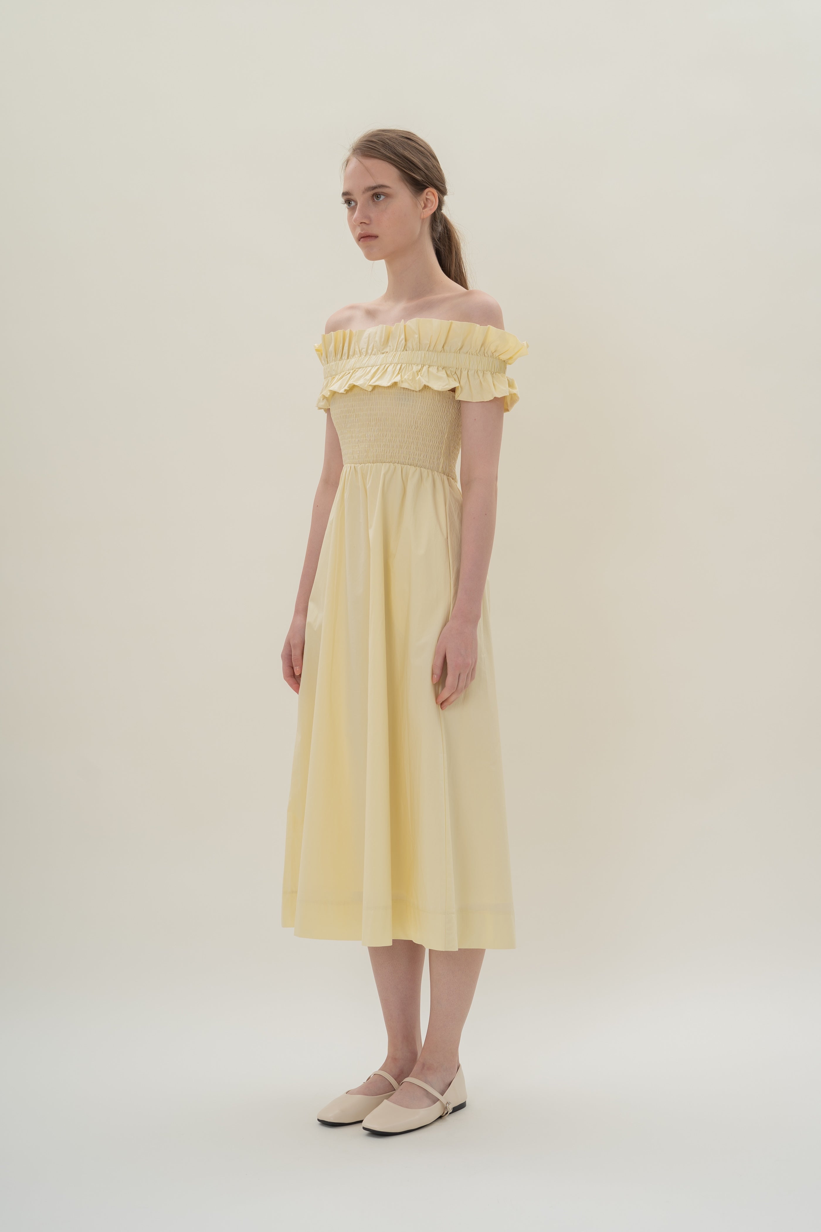 Off Shoulder Dress with Ruffles in Souffle