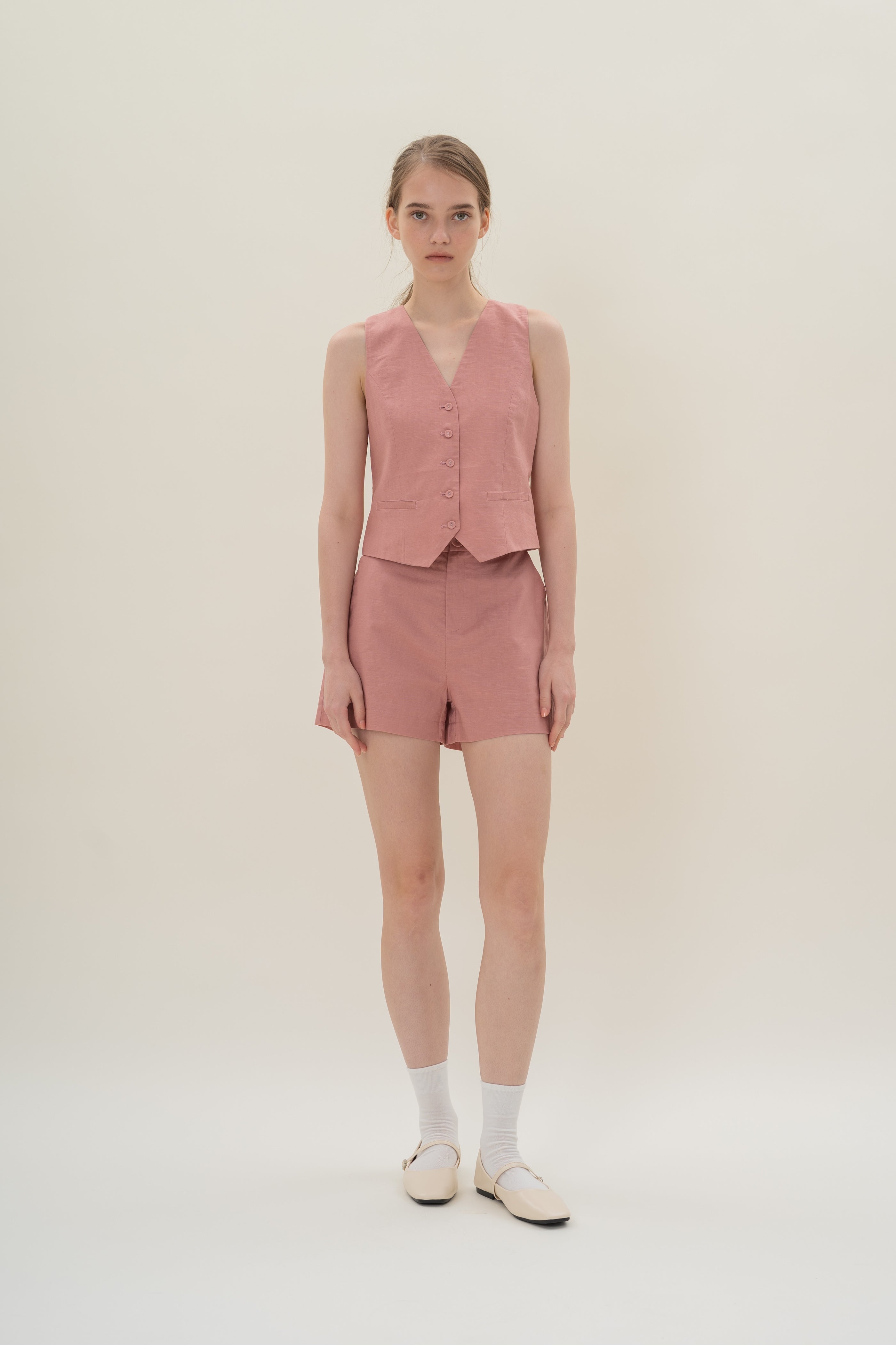 Textured Linen Waistcoat in Tea Rose