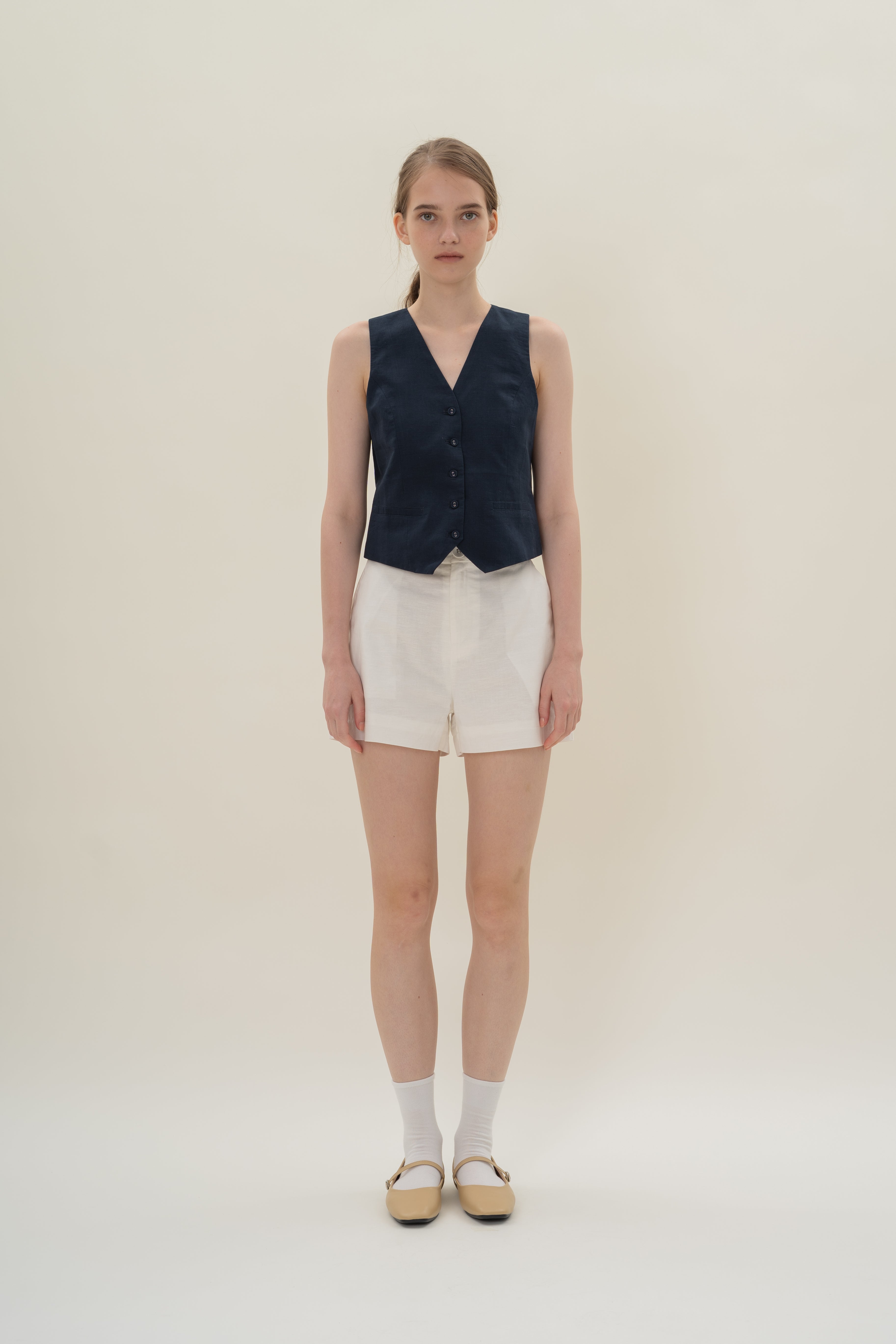 Relaxed Textured Linen Shorts in White