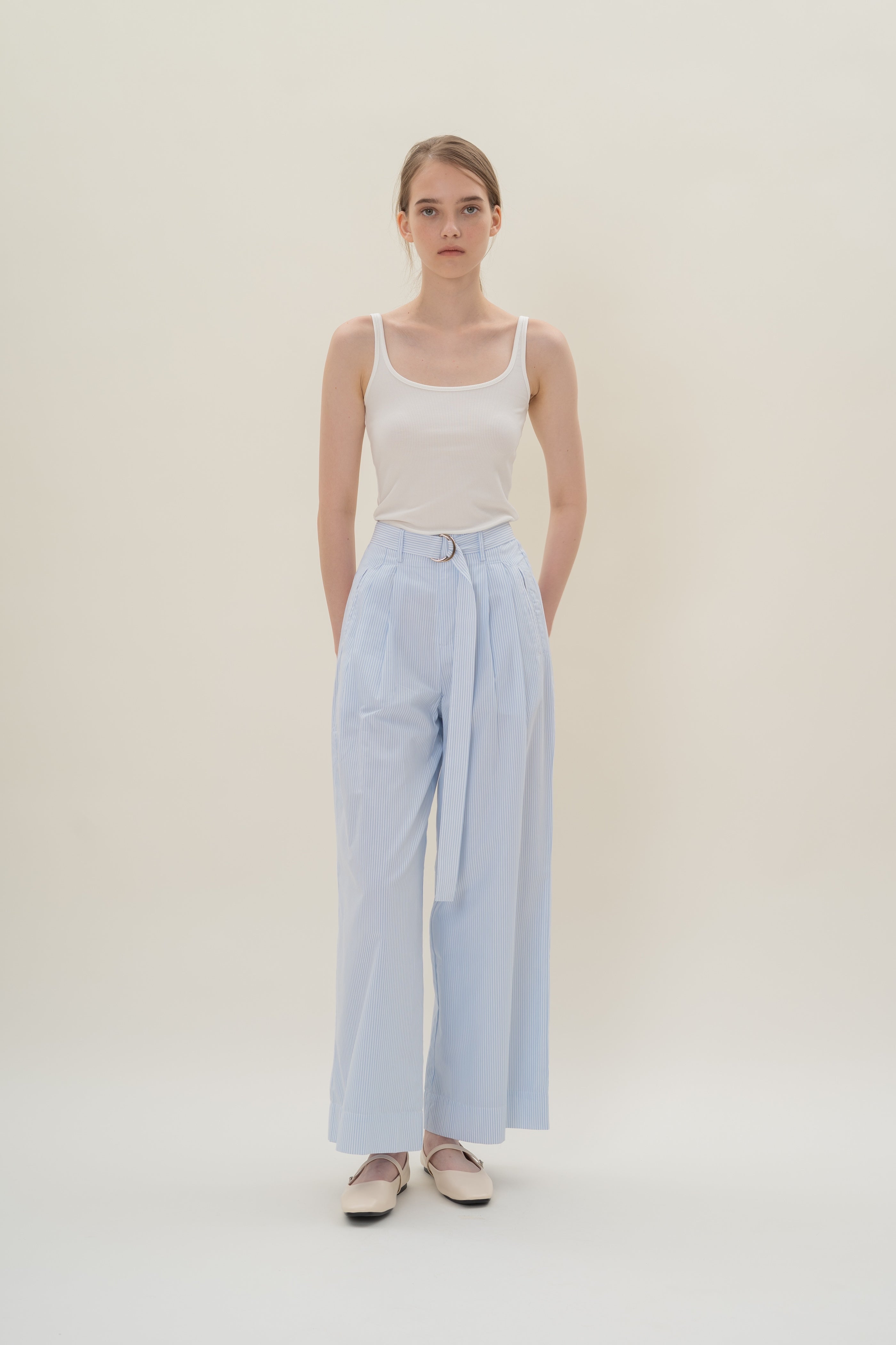 Relaxed Wide Leg Pants in White Blue Stripes