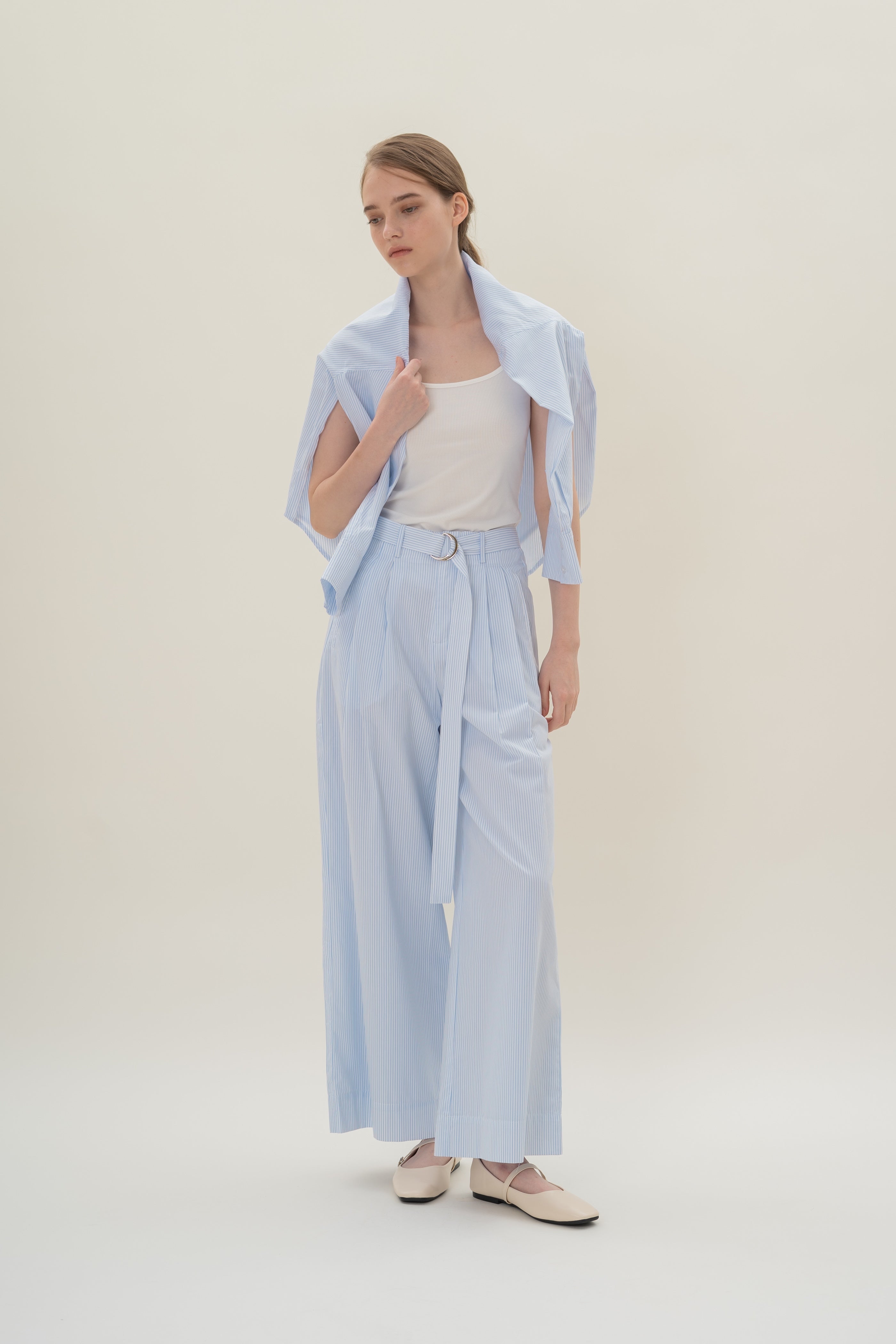 Relaxed Wide Leg Pants in White Blue Stripes