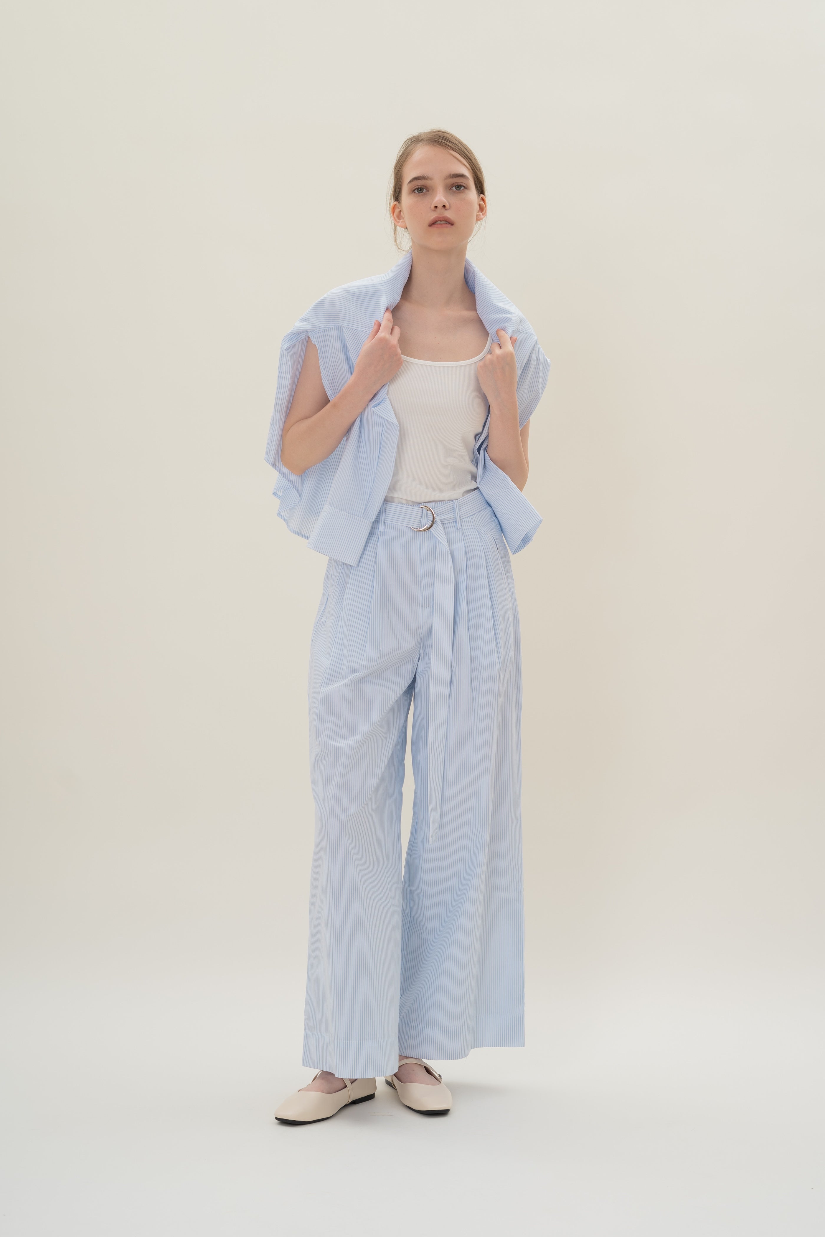 Relaxed Wide Leg Pants in White Blue Stripes