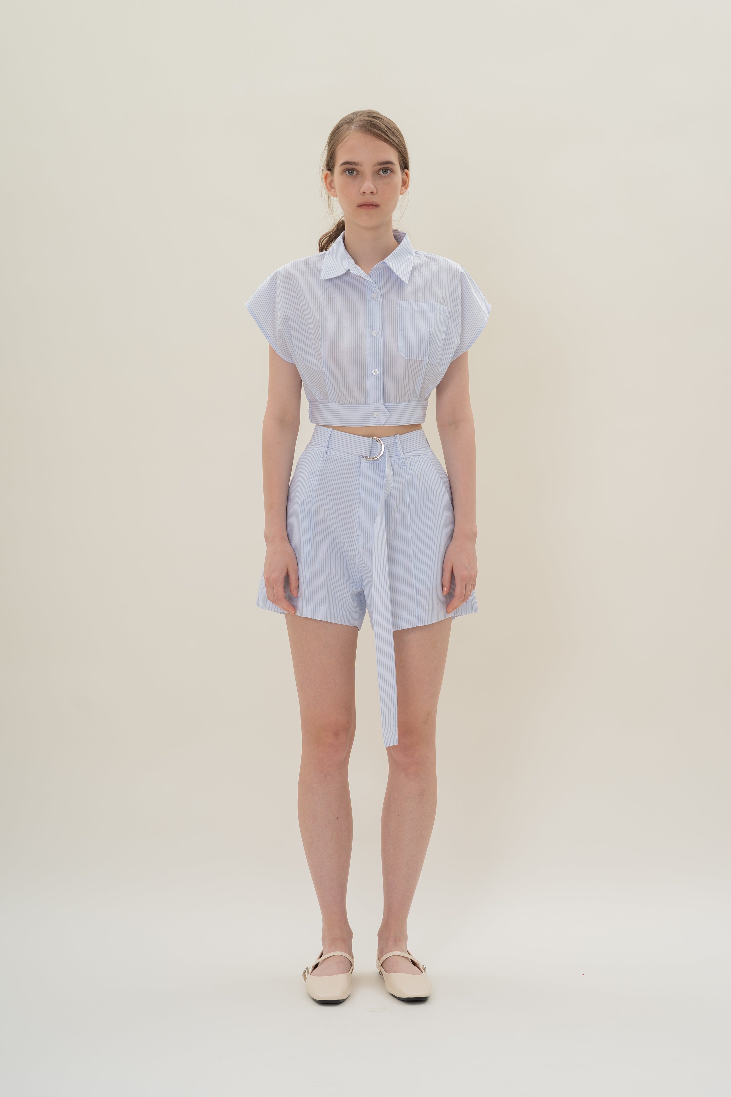 High-Waisted Long Shorts in White Blue Stripes