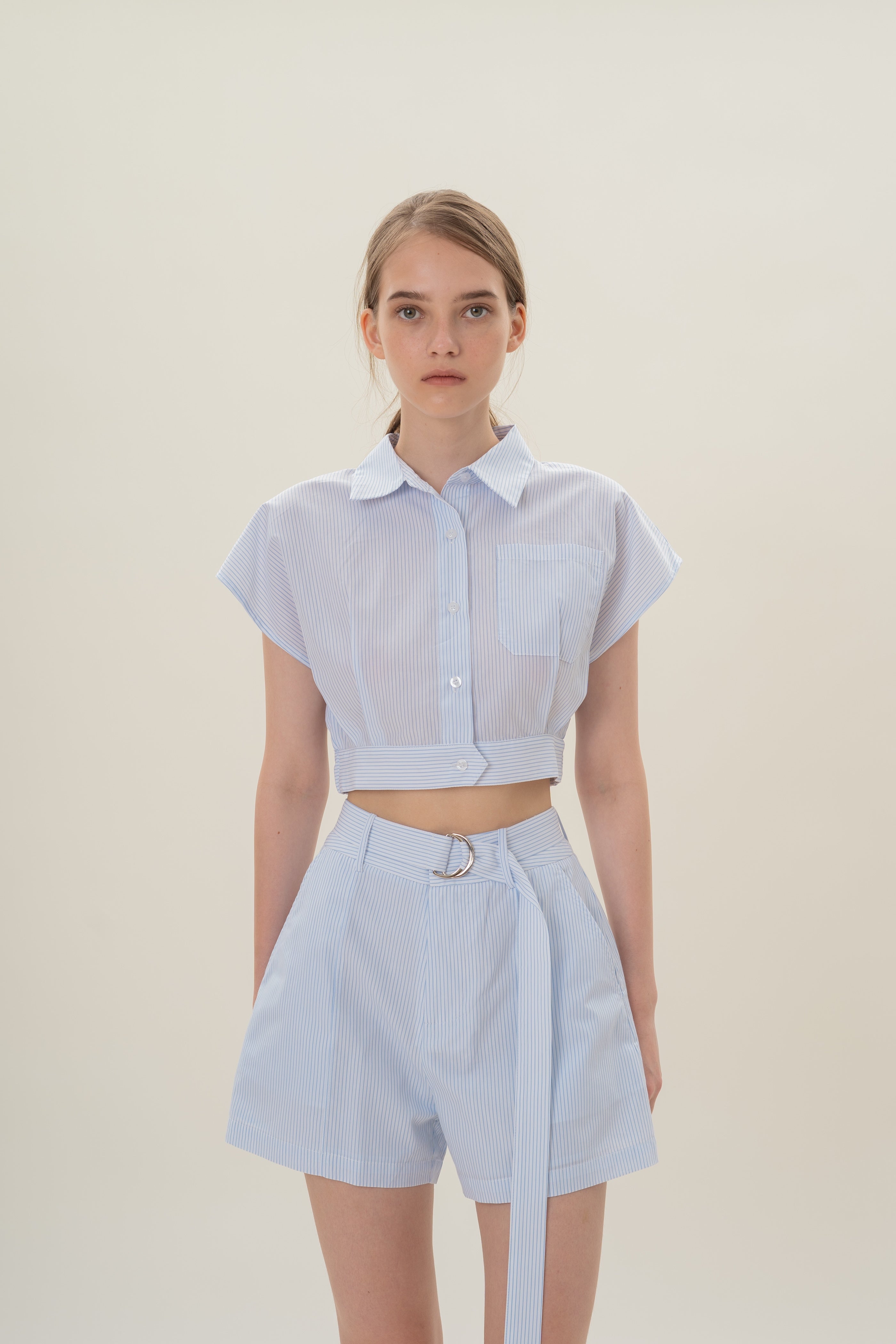 High-Waisted Long Shorts in White Blue Stripes