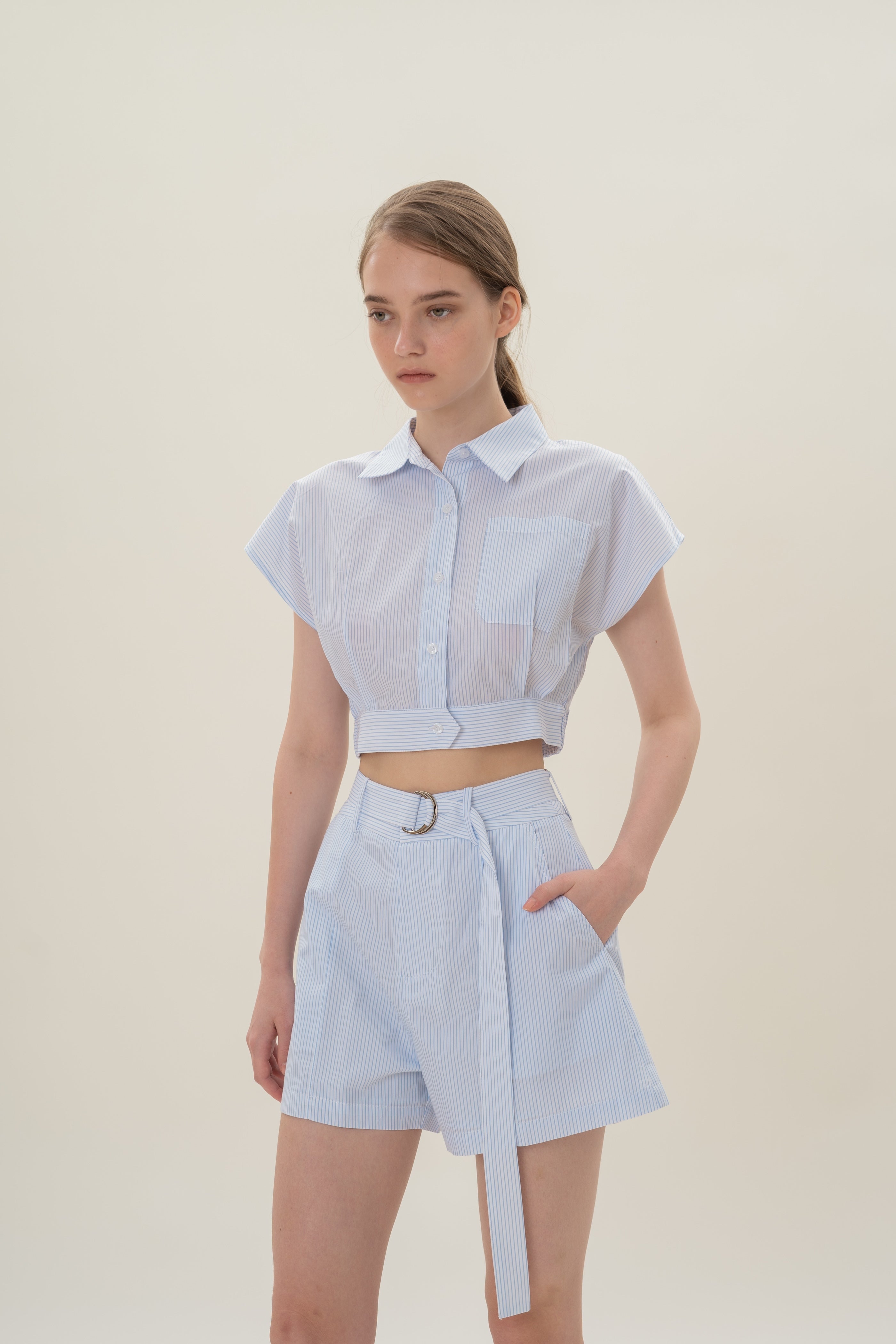 High-Waisted Long Shorts in White Blue Stripes