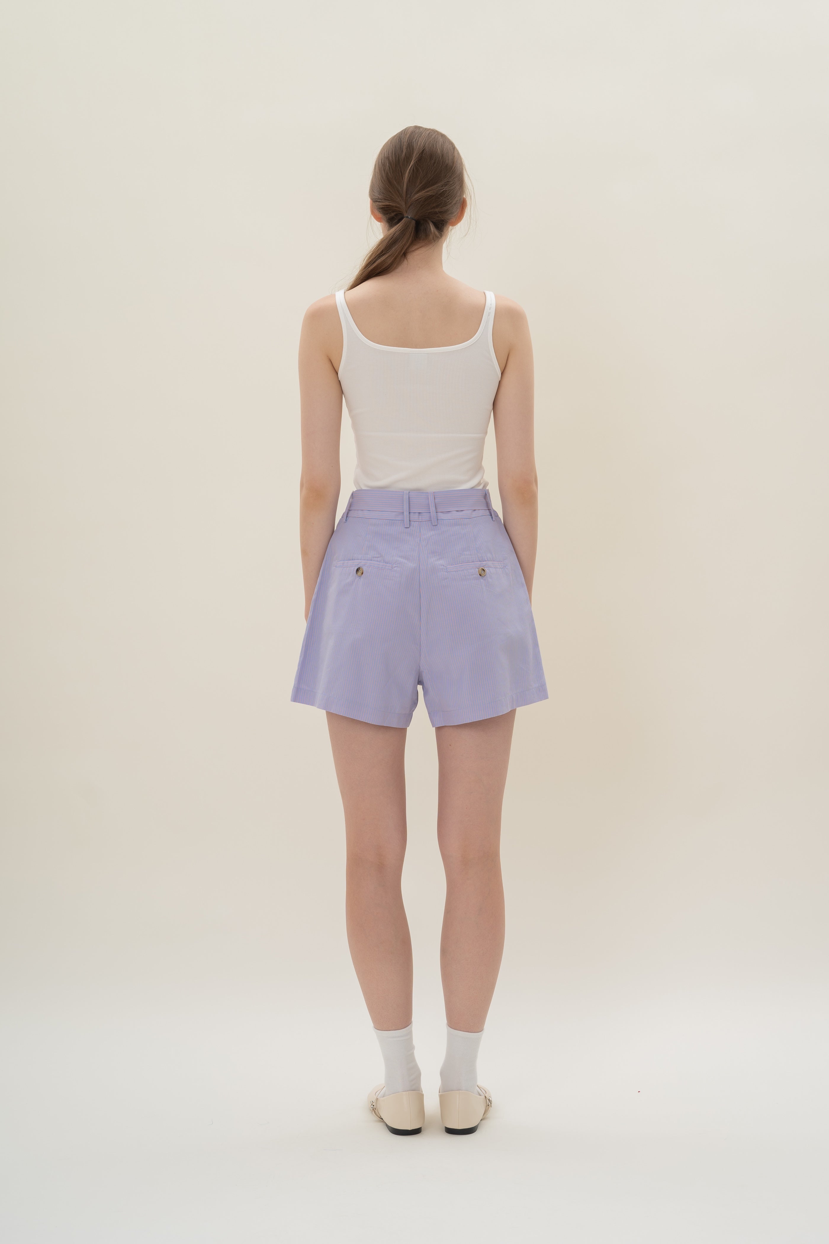 High-Waisted Long Shorts in Blue Peach Stripes