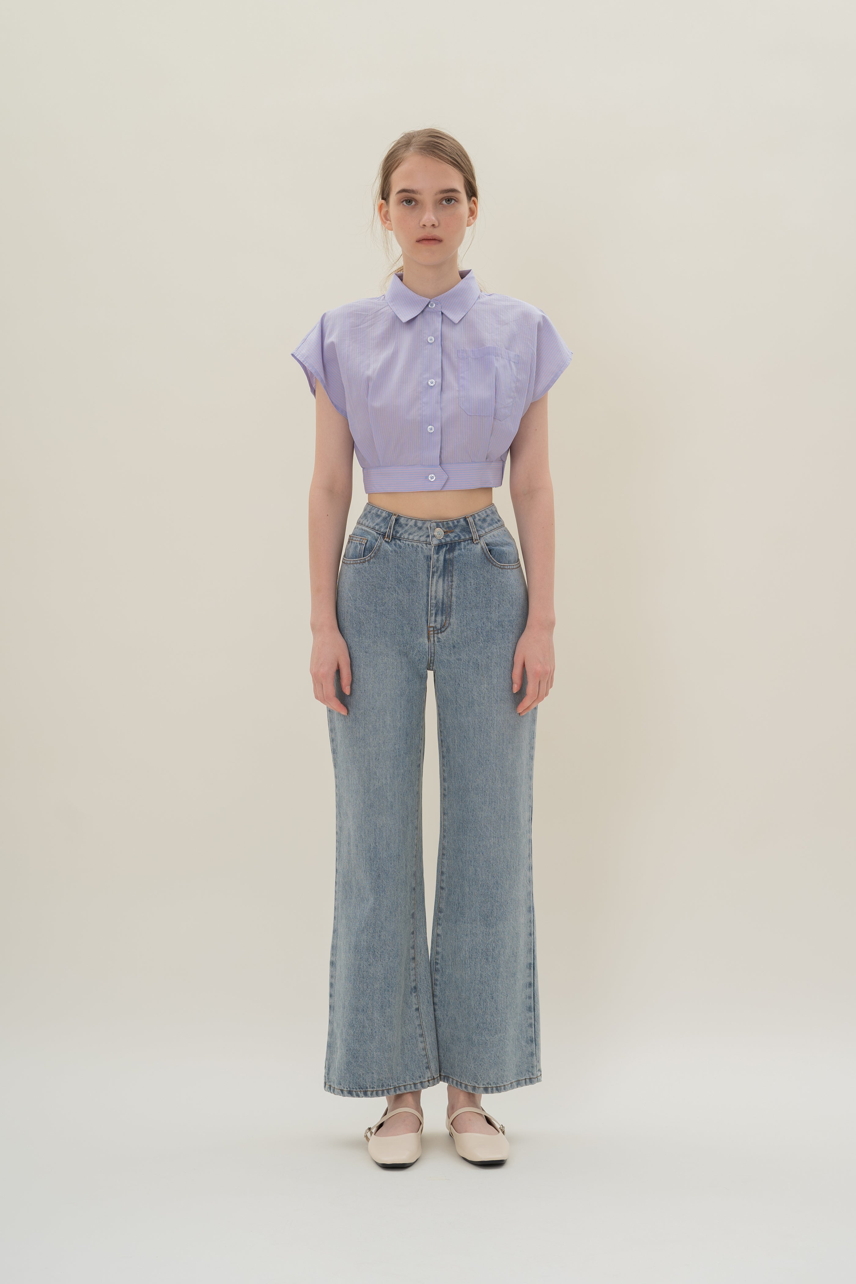 Cap-Sleeve Box Cropped Shirt in Blue Peach Stripes