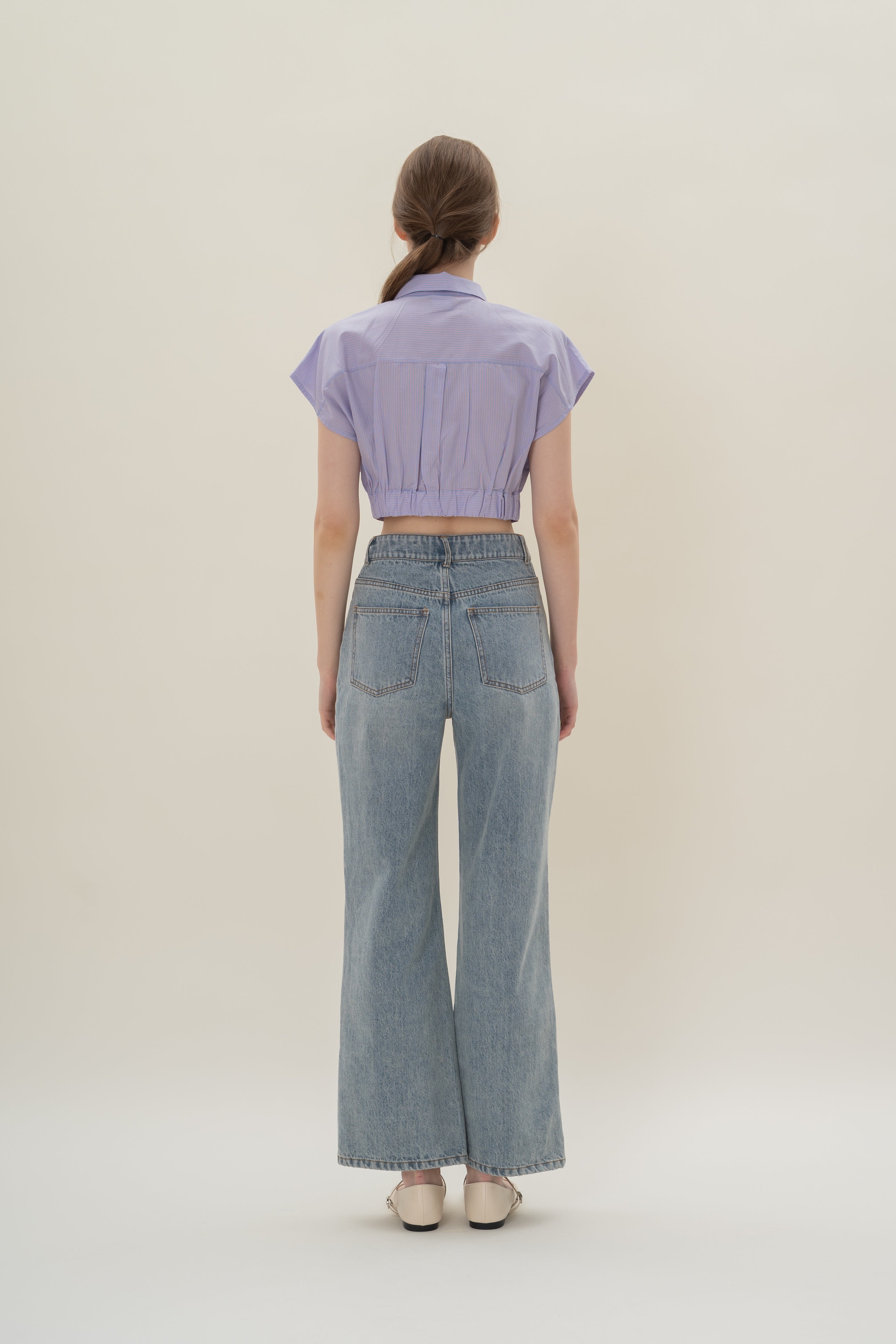 Cap-Sleeve Box Cropped Shirt in Blue Peach Stripes