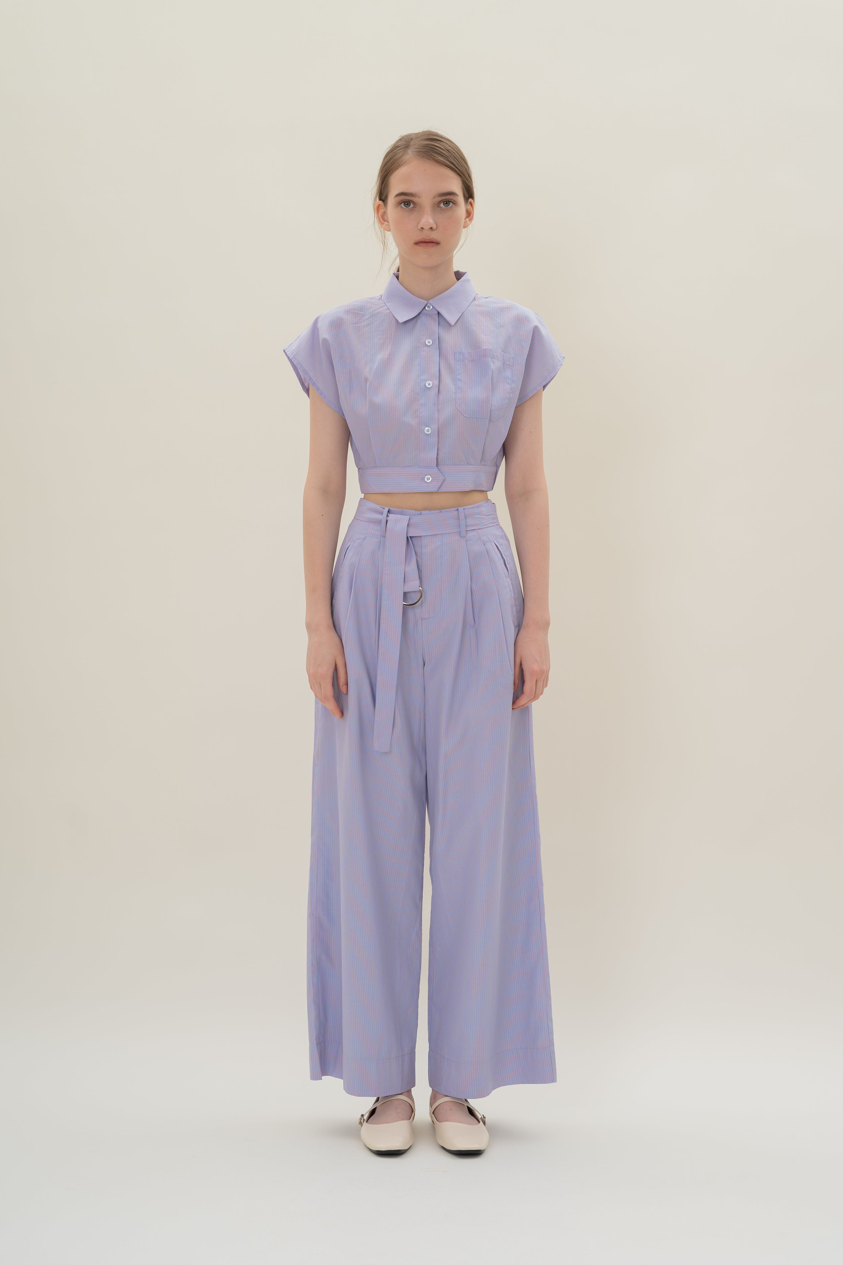 Relaxed Wide Leg Pants in Blue Peach Stripes