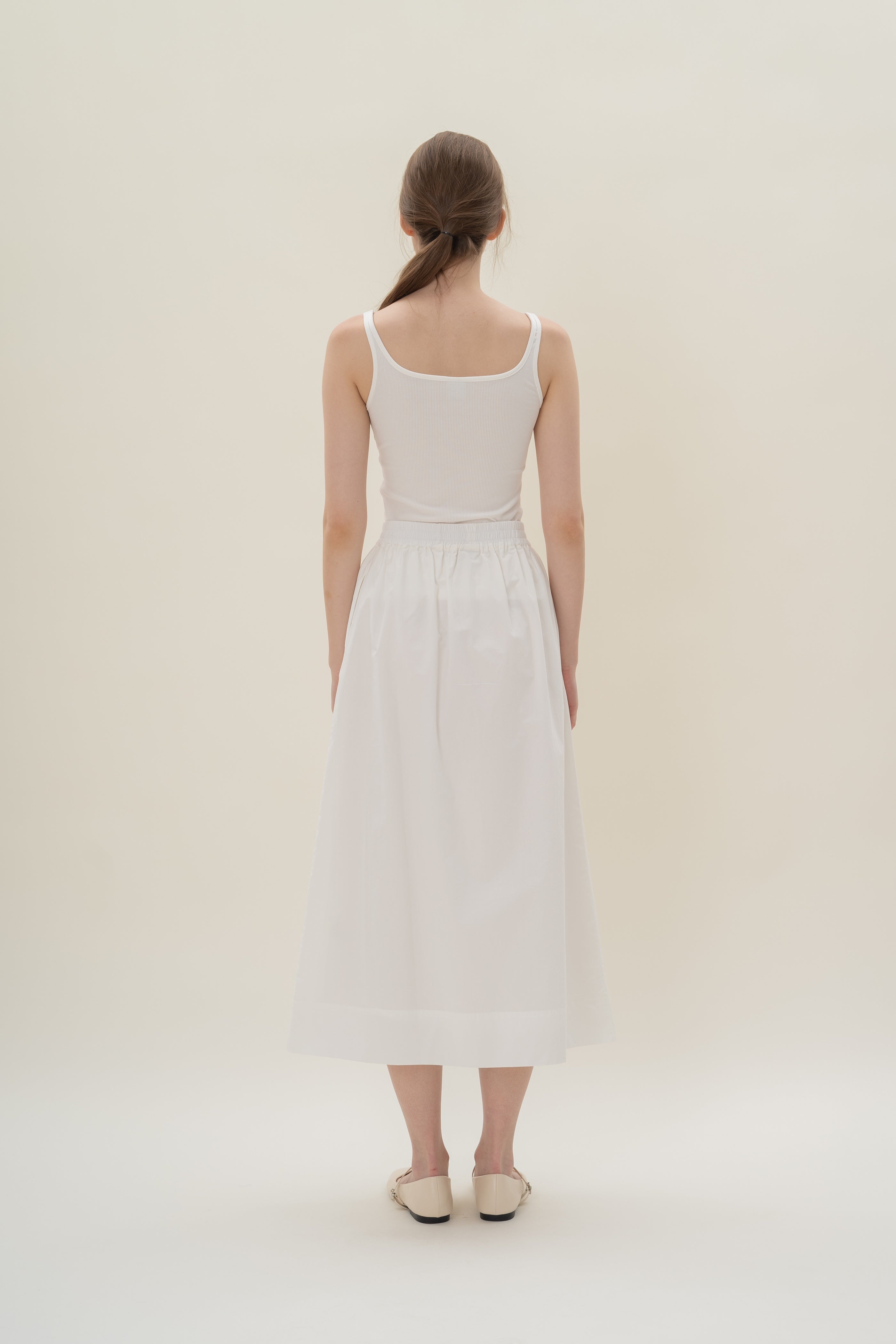 Cotton Poplin Gathered Waist Skirt in White