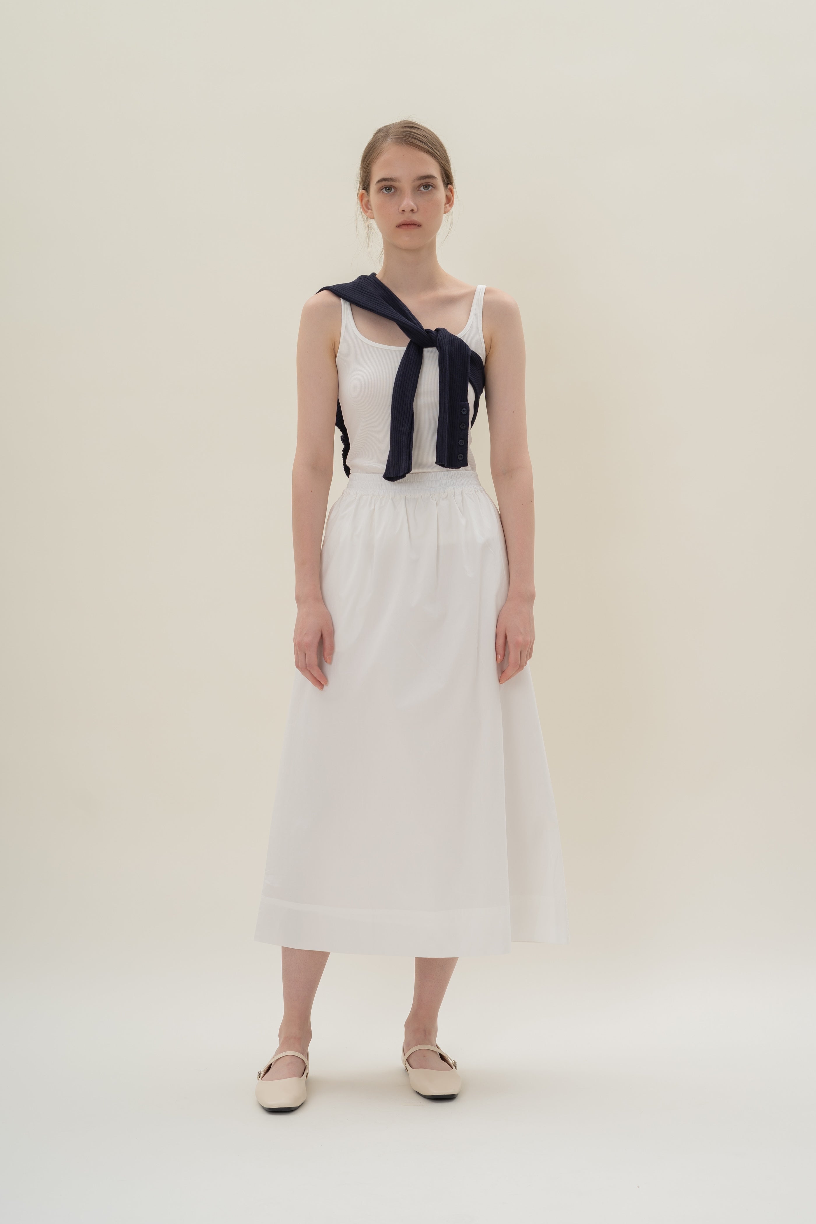 Cotton Poplin Gathered Waist Skirt in White