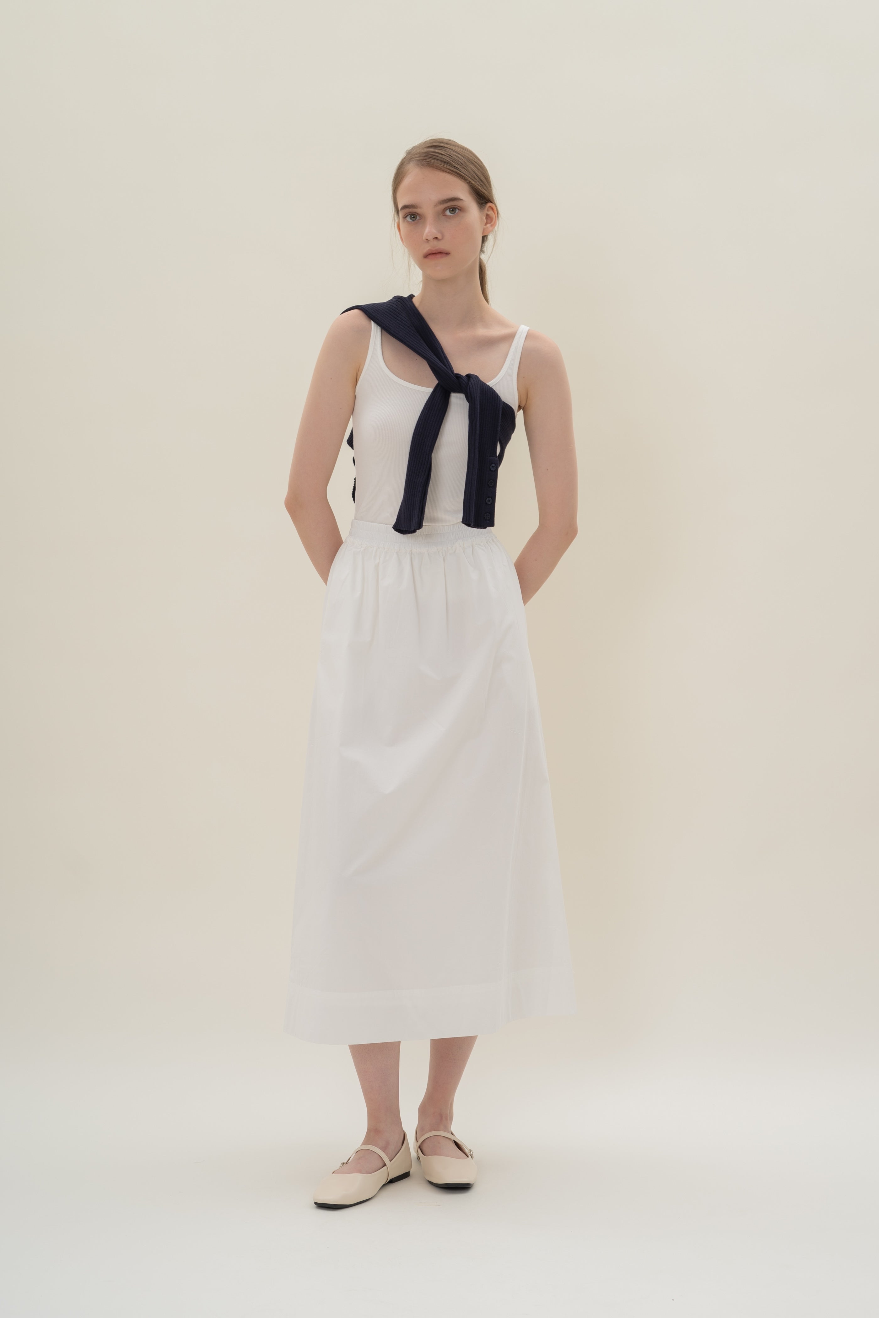 Cotton Poplin Gathered Waist Skirt in White