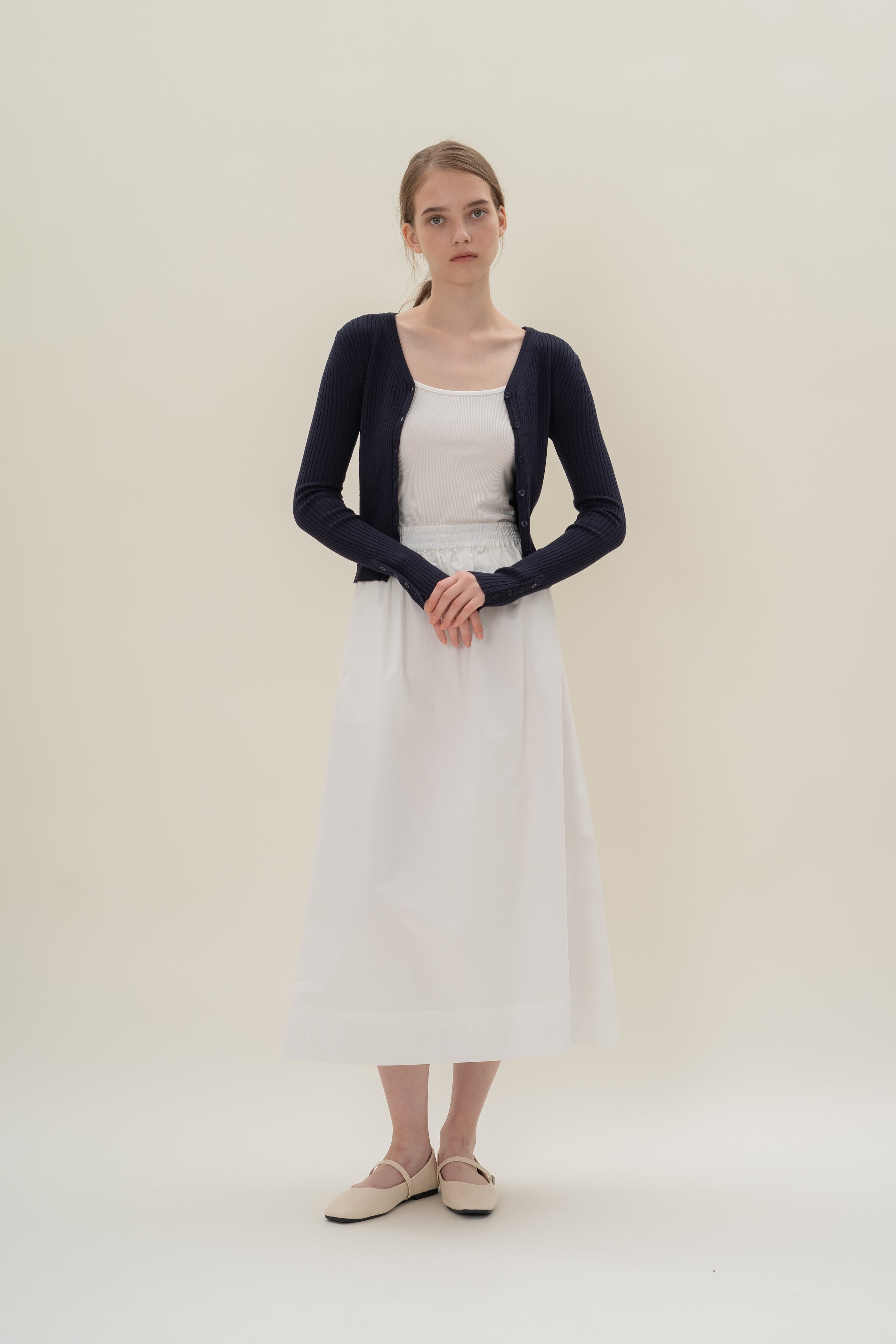 Cotton Poplin Gathered Waist Skirt in White