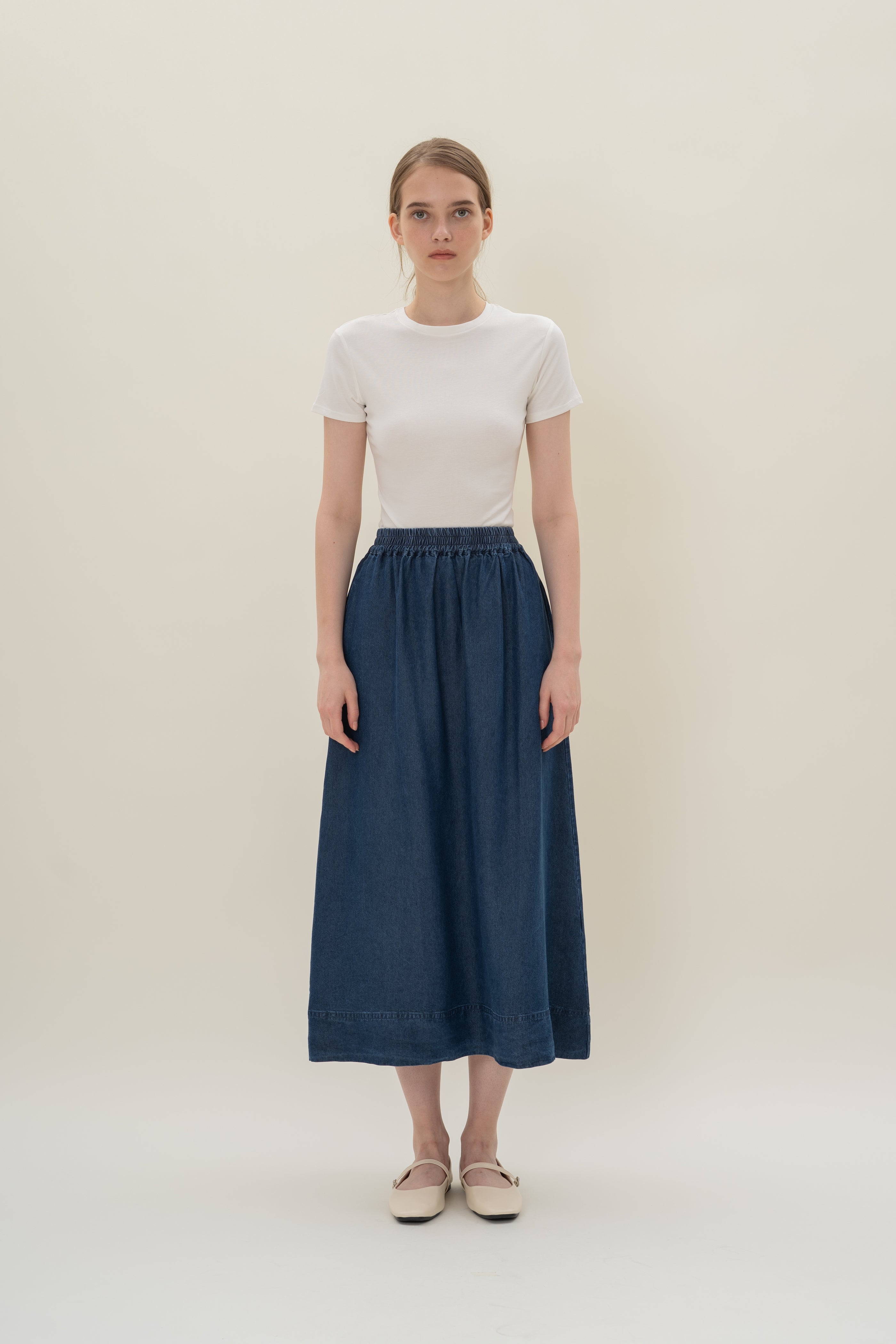 Denim Gathered Waist Skirt in Mid Blue