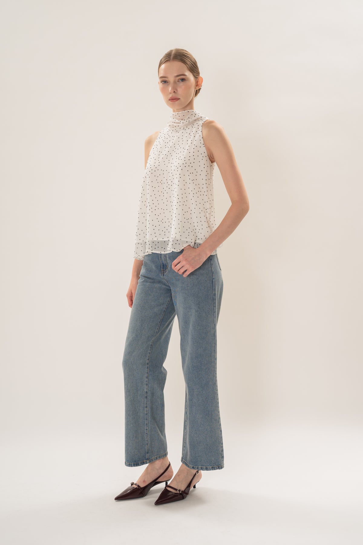 Sash Neckline Halter Blouse in Polka Dot White