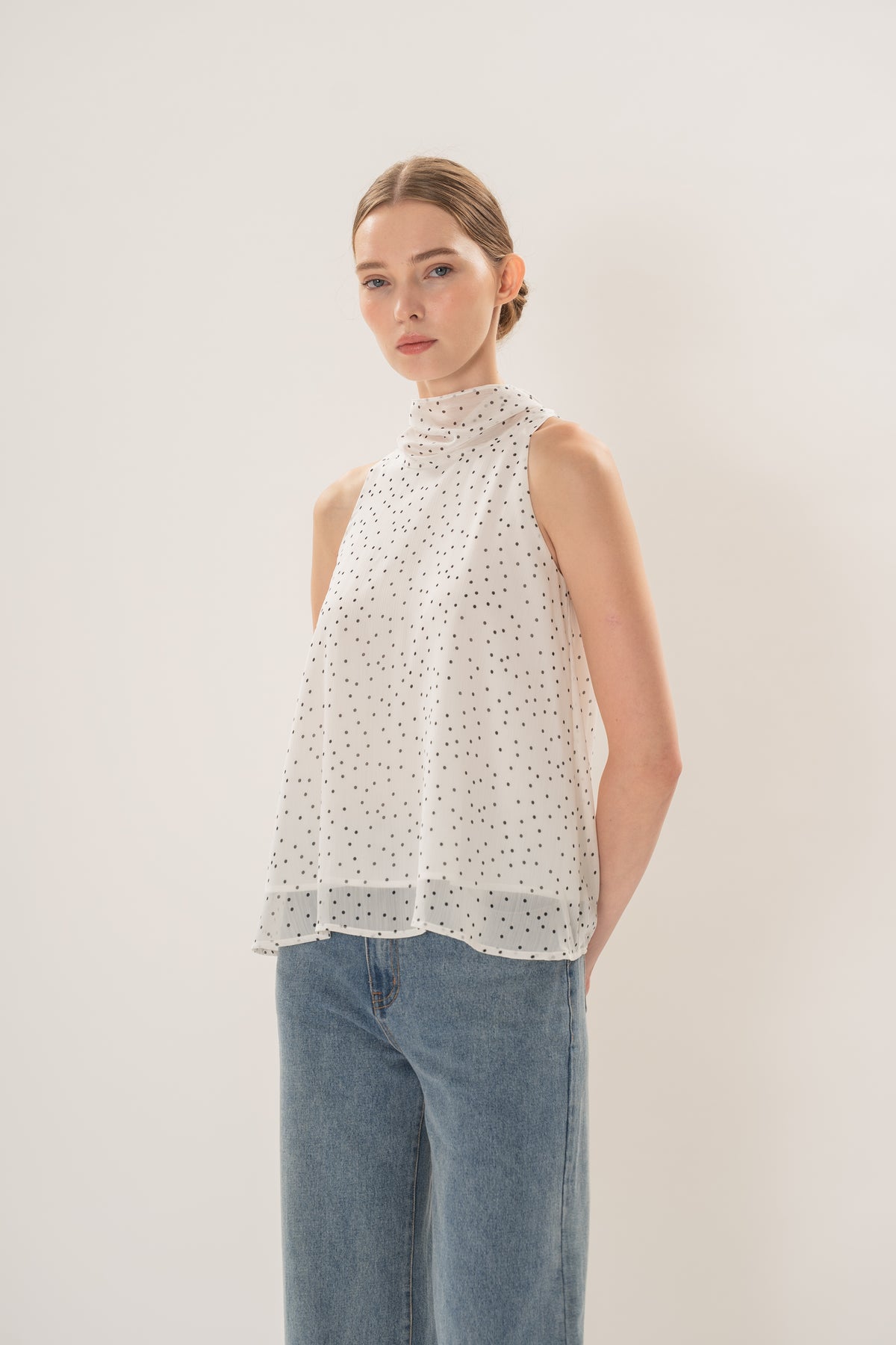 Sash Neckline Halter Blouse in Polka Dot White
