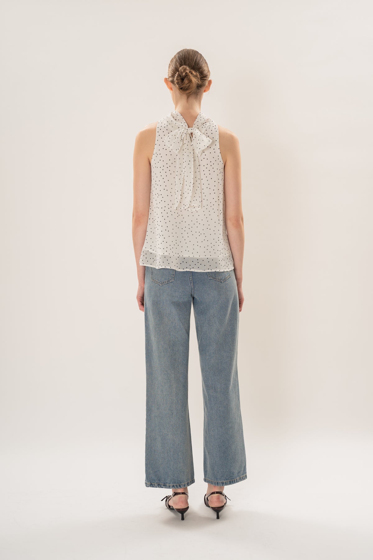 Sash Neckline Halter Blouse in Polka Dot White