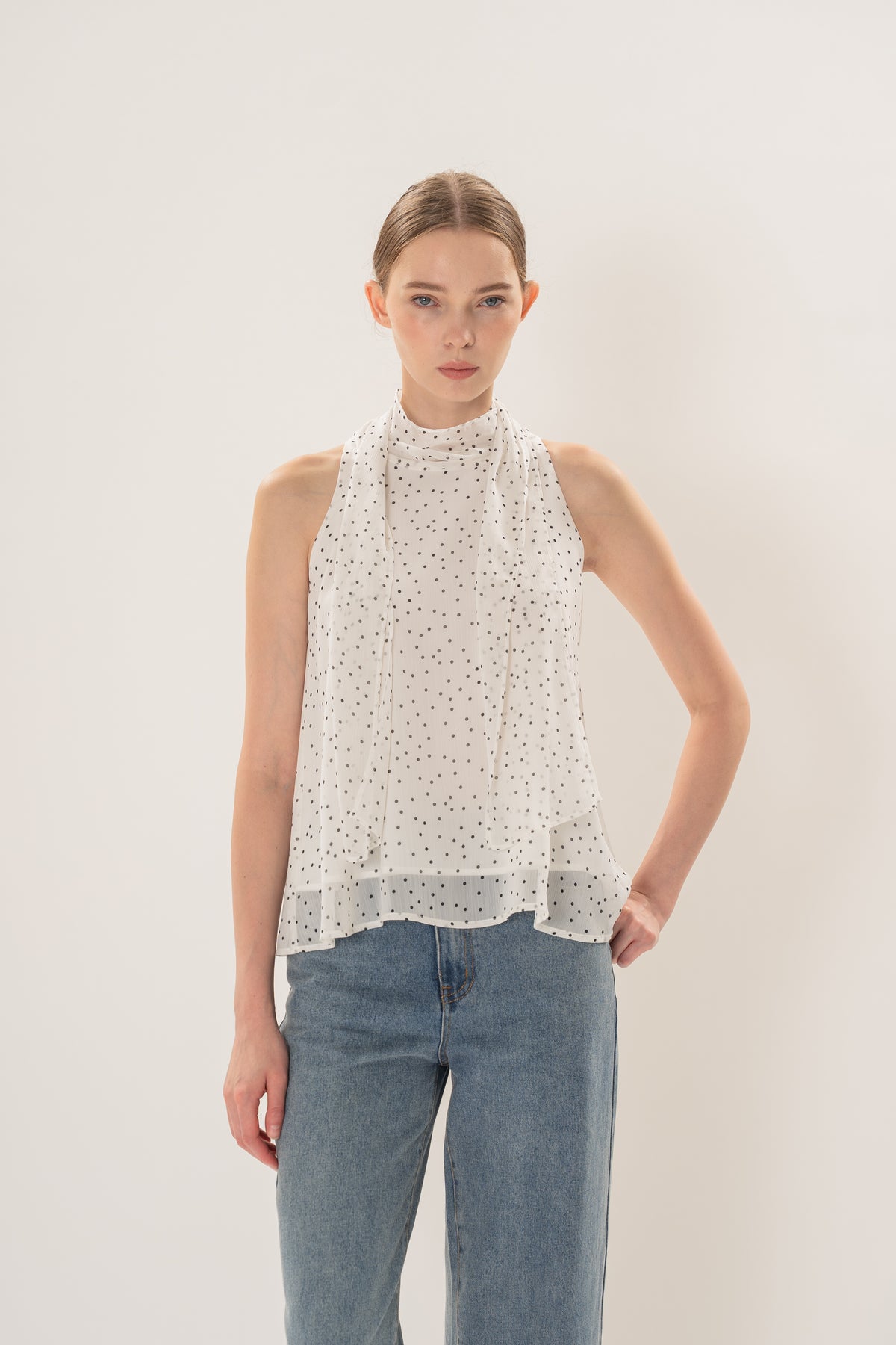 Sash Neckline Halter Blouse in Polka Dot White