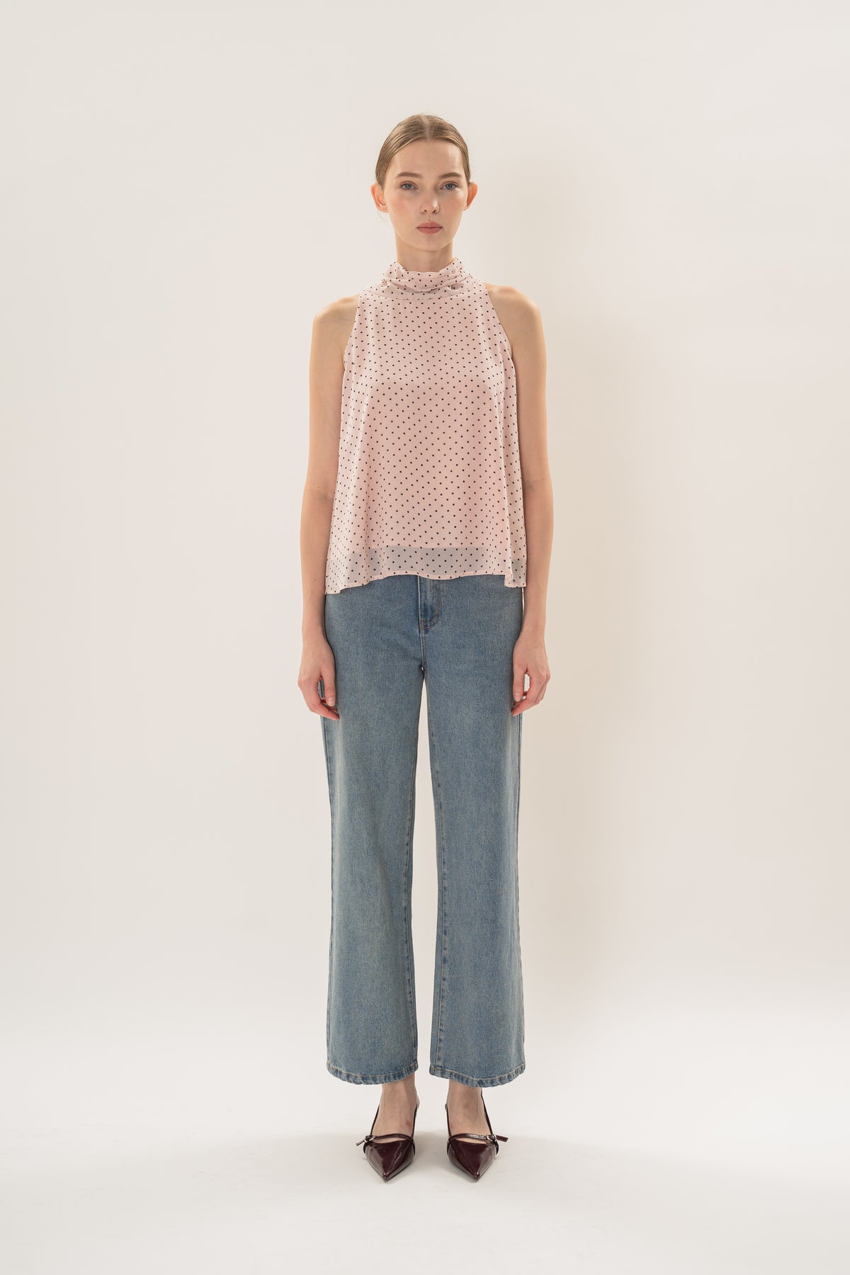 Sash Neckline Halter Blouse in Polka Dot Pink