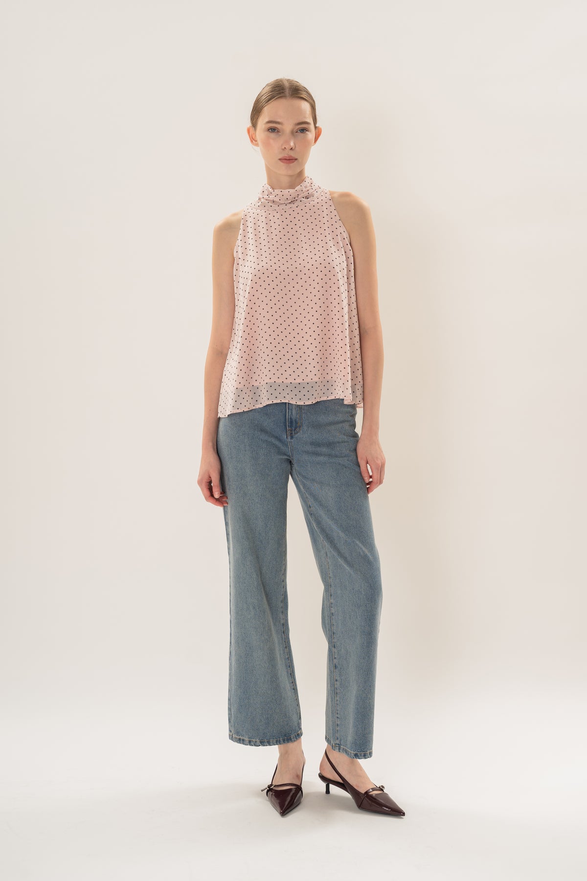 Sash Neckline Halter Blouse in Polka Dot Pink