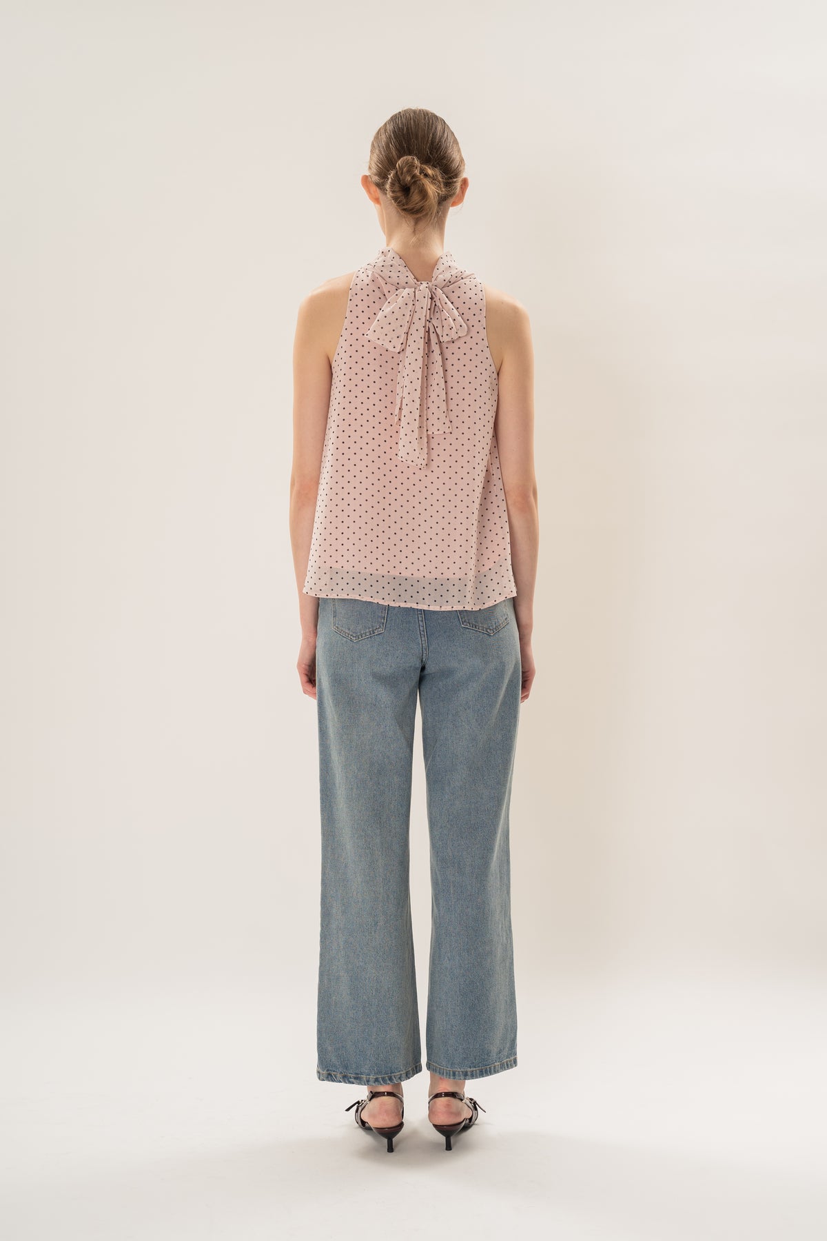 Sash Neckline Halter Blouse in Polka Dot Pink