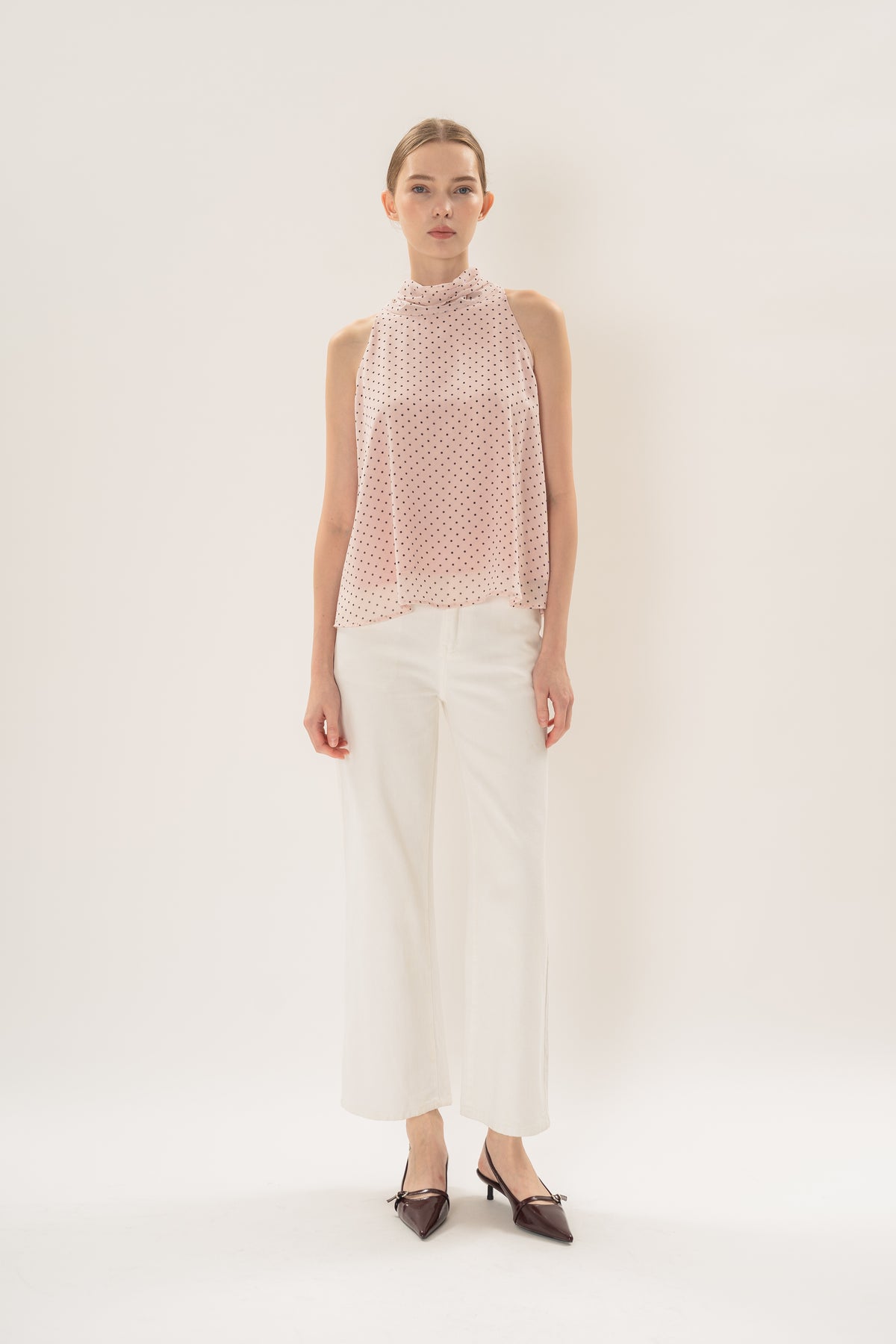 Sash Neckline Halter Blouse in Polka Dot Pink