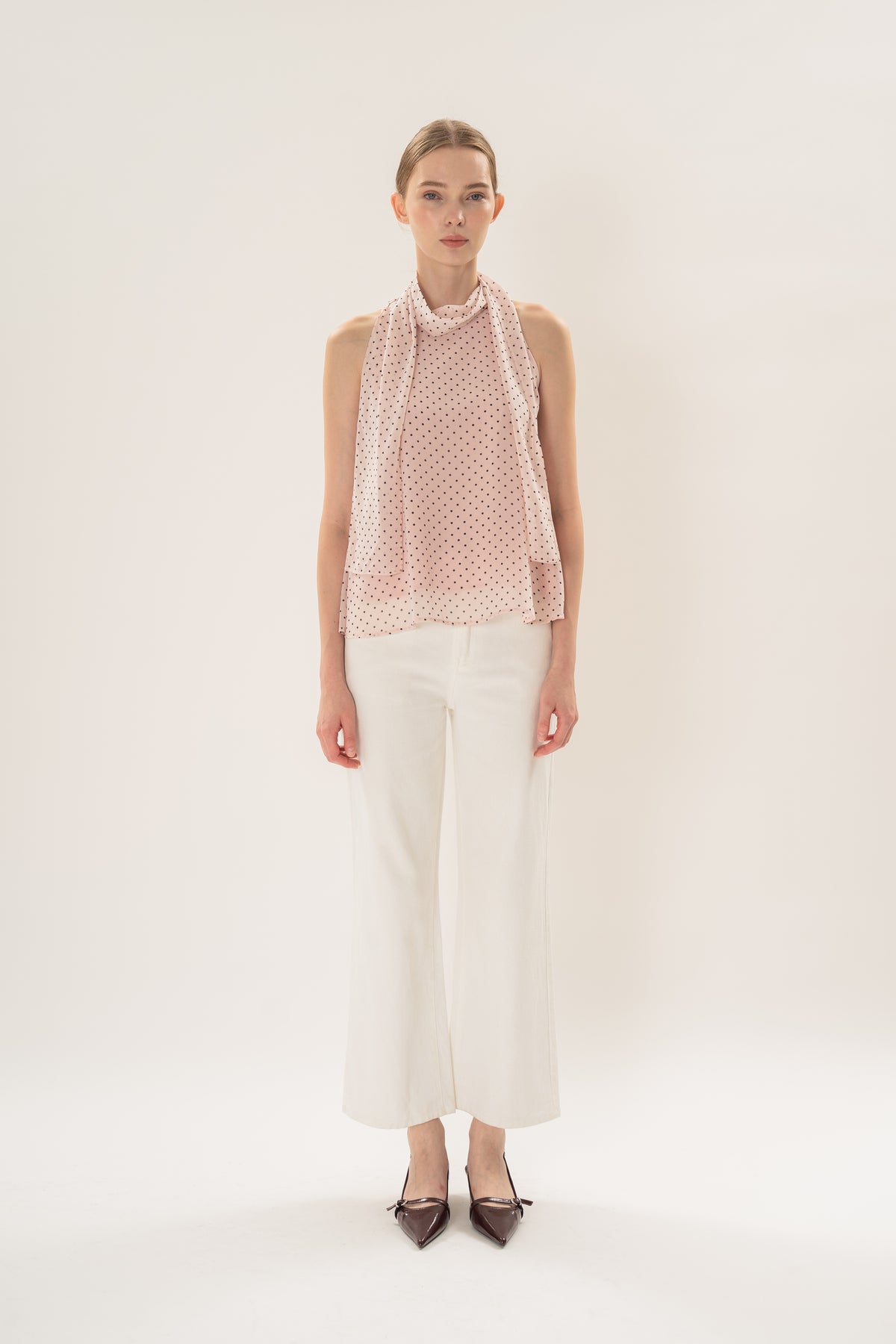 Sash Neckline Halter Blouse in Polka Dot Pink