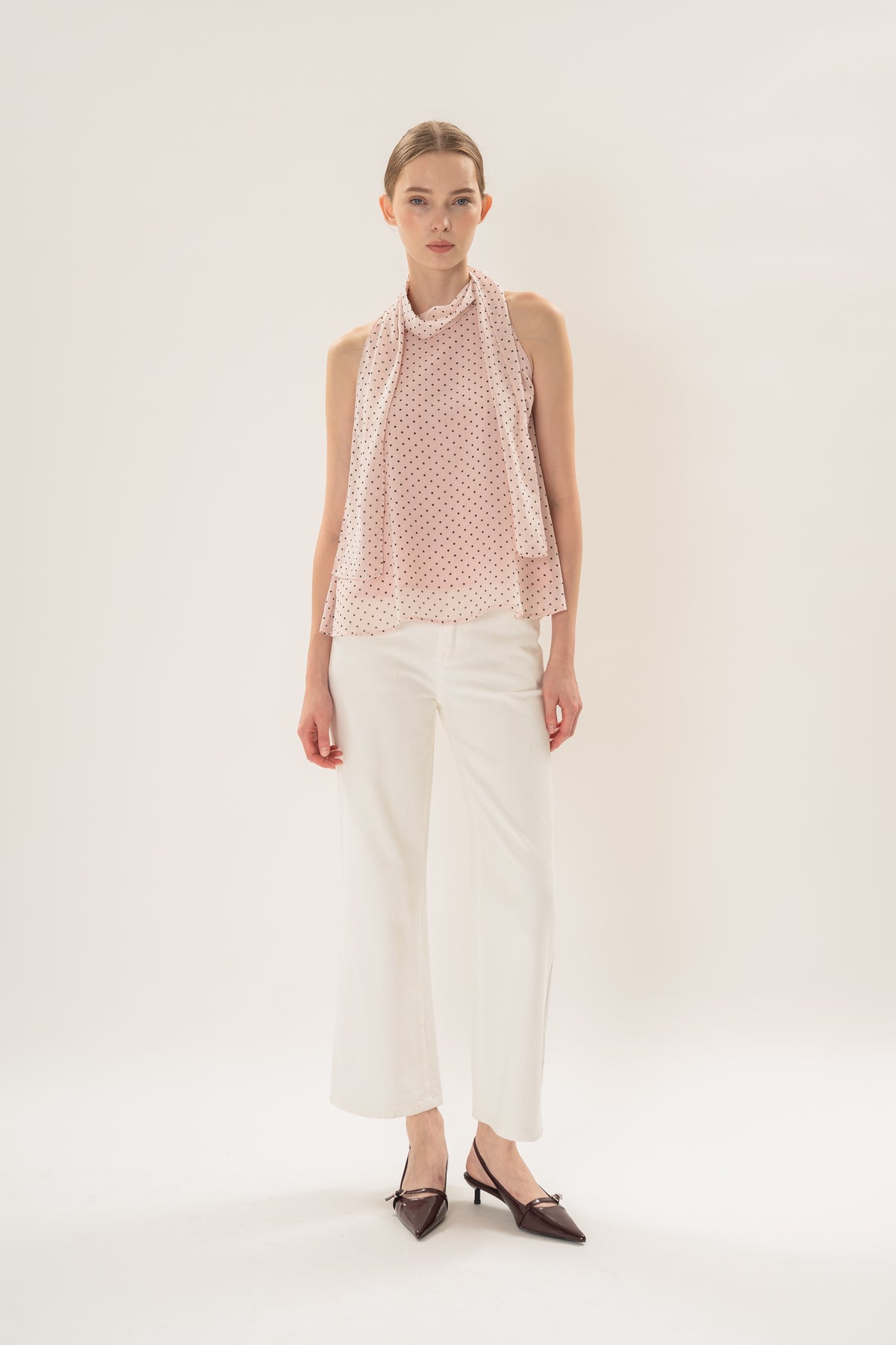 Sash Neckline Halter Blouse in Polka Dot Pink