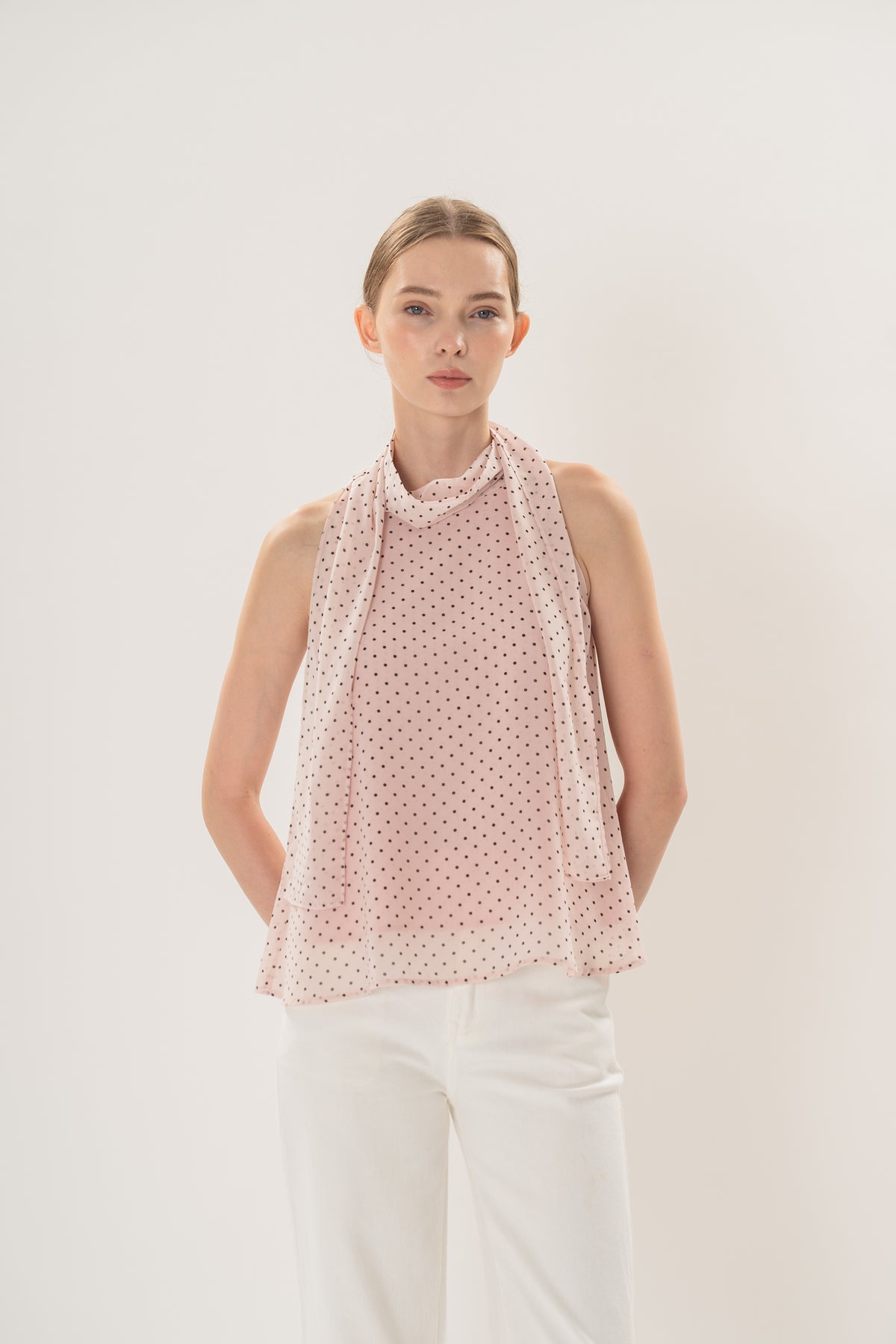 Sash Neckline Halter Blouse in Polka Dot Pink