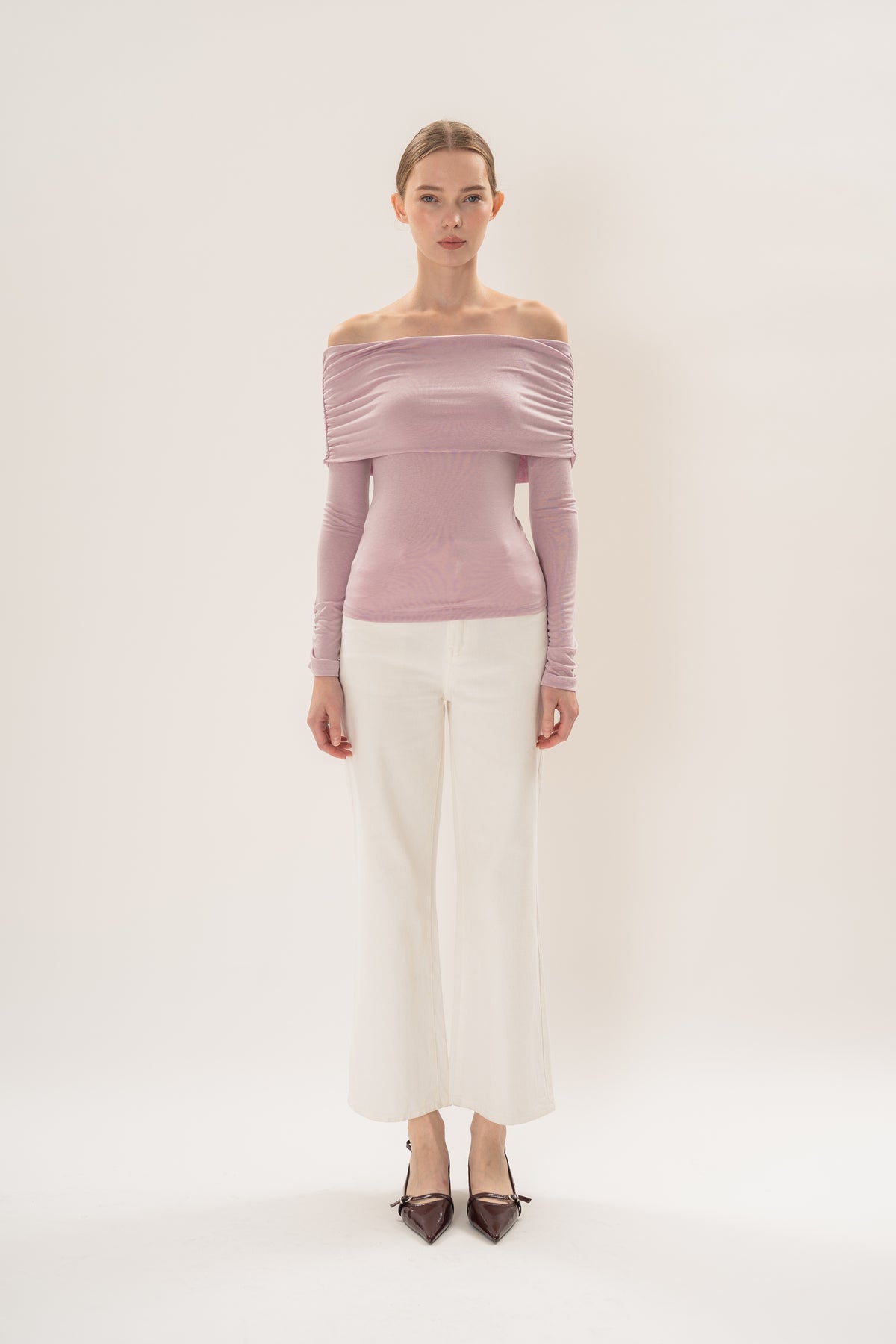 Off Shoulder Stretch Knit Top in Orchid