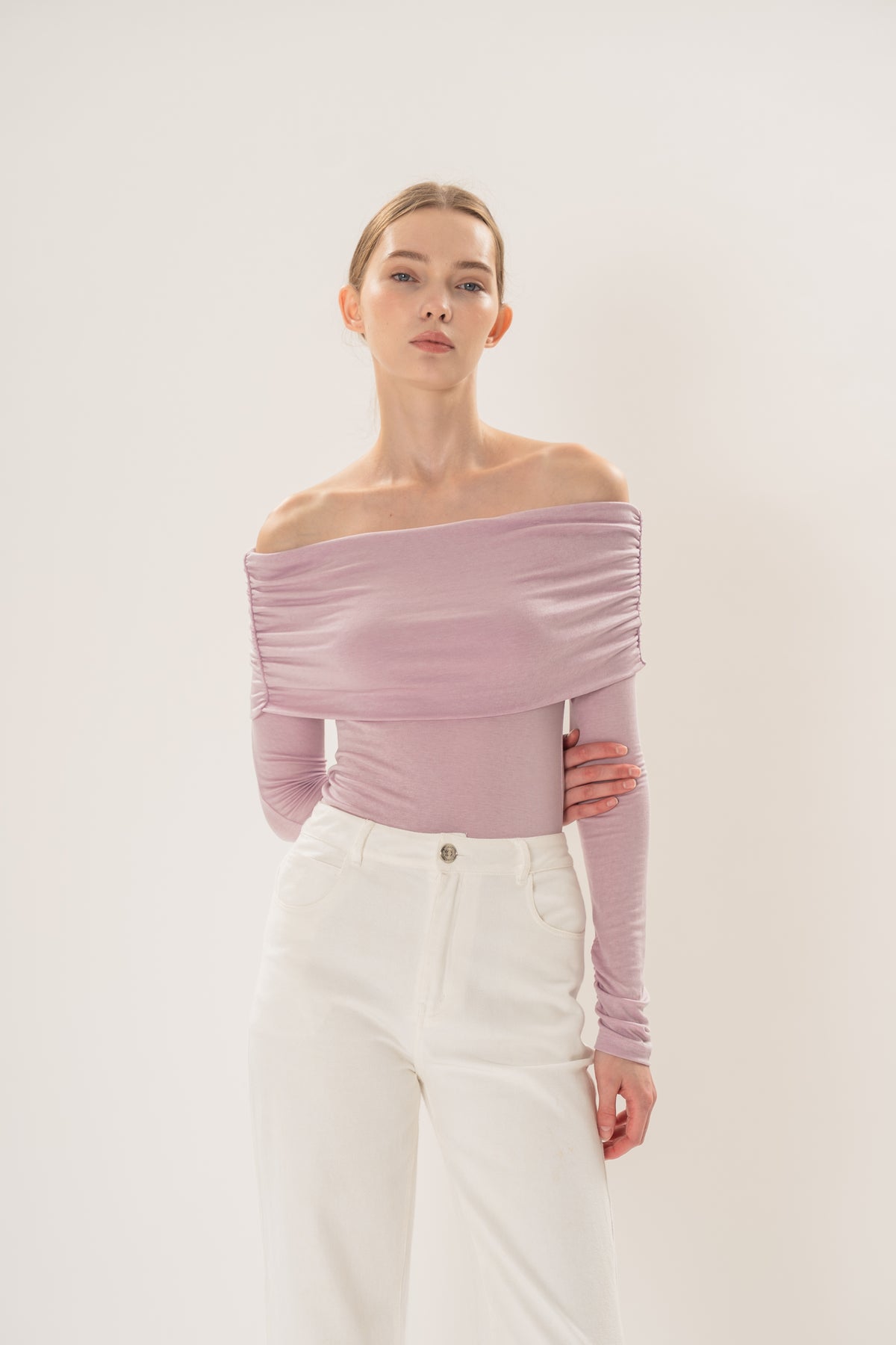 Off Shoulder Stretch Knit Top in Orchid