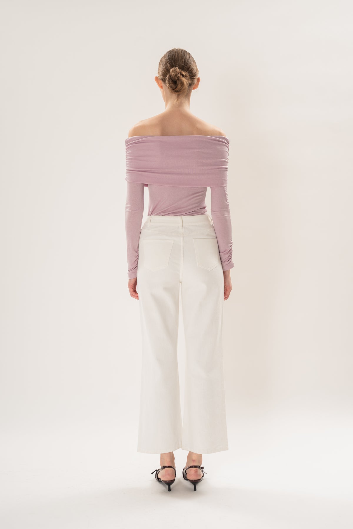 Off Shoulder Stretch Knit Top in Orchid