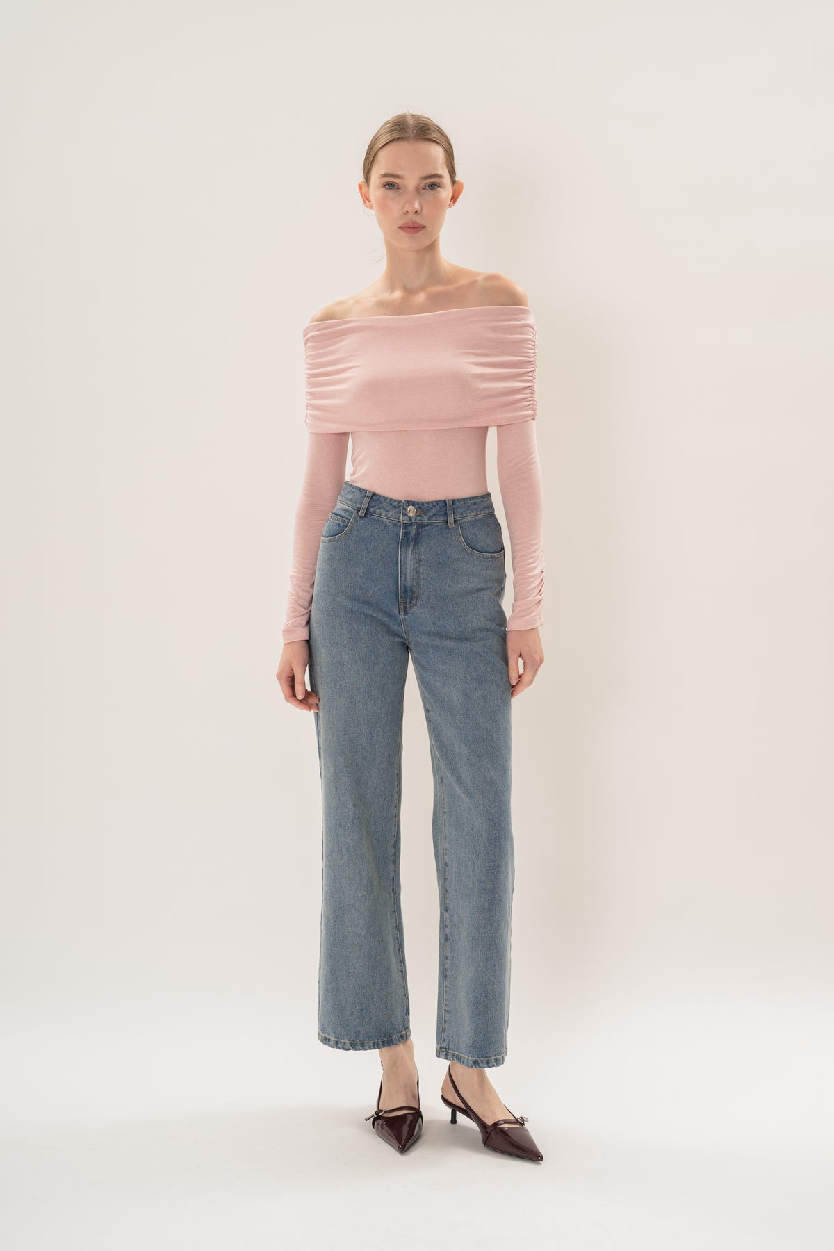 Off Shoulder Stretch Knit Top in Pink