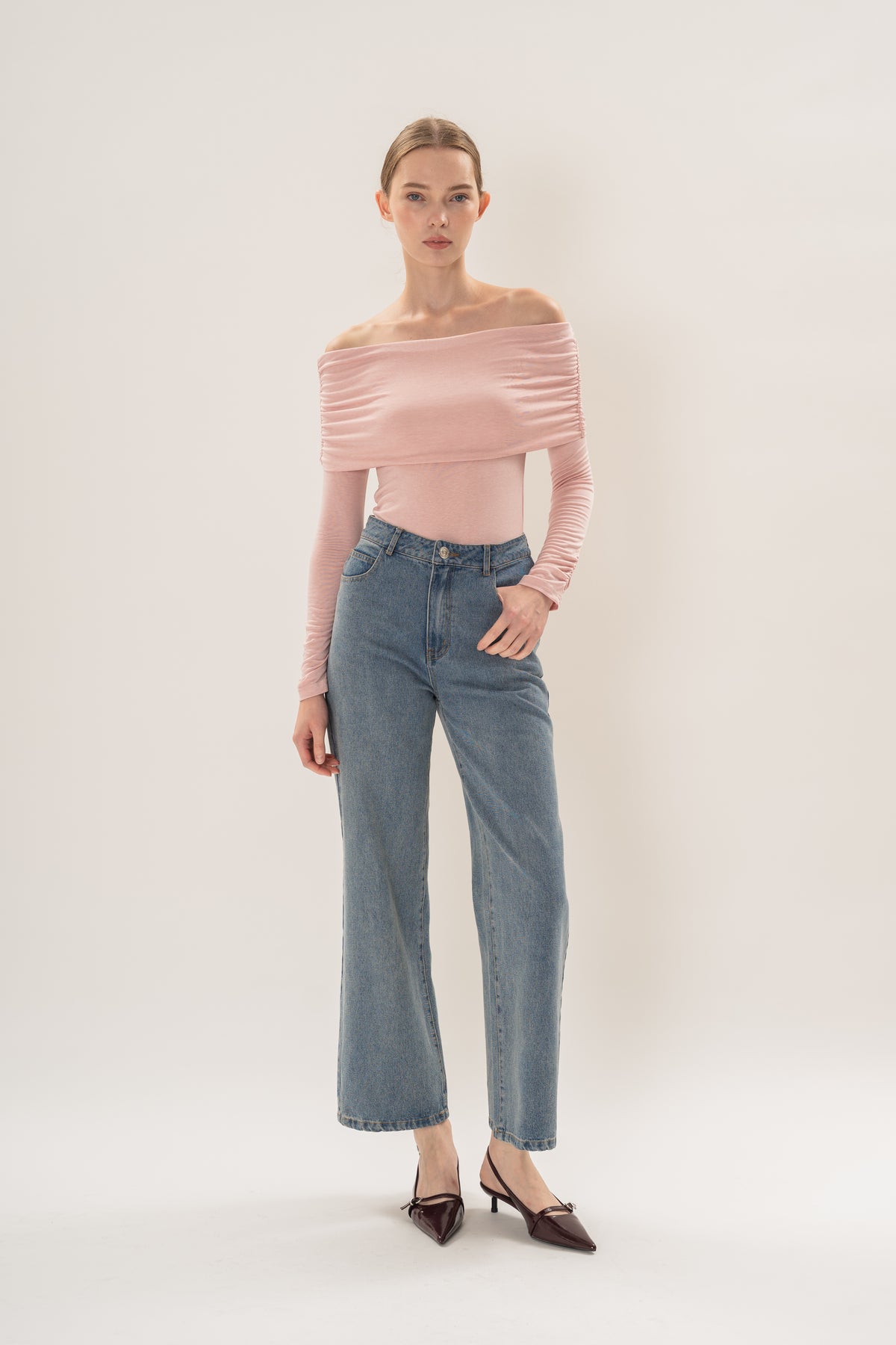 Off Shoulder Stretch Knit Top in Pink