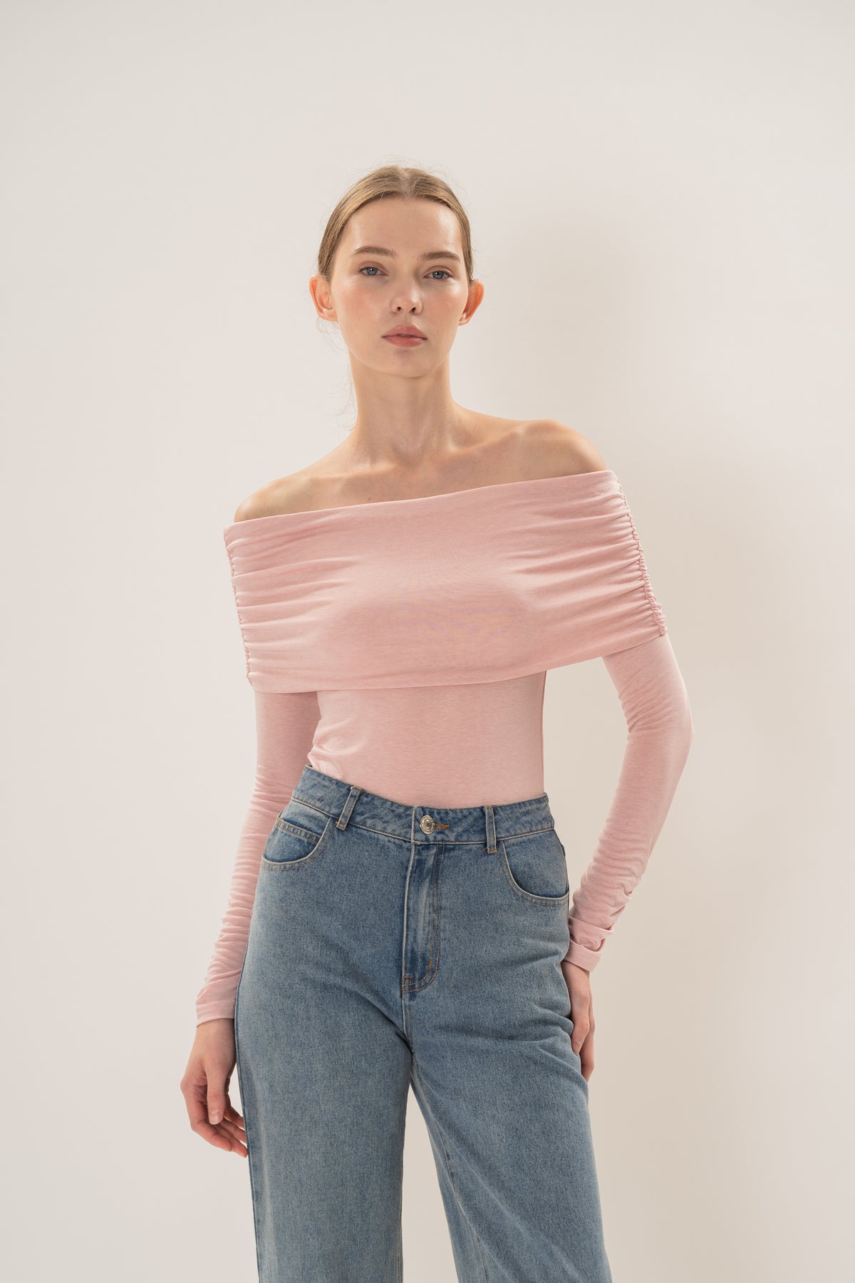 Off Shoulder Stretch Knit Top in Pink