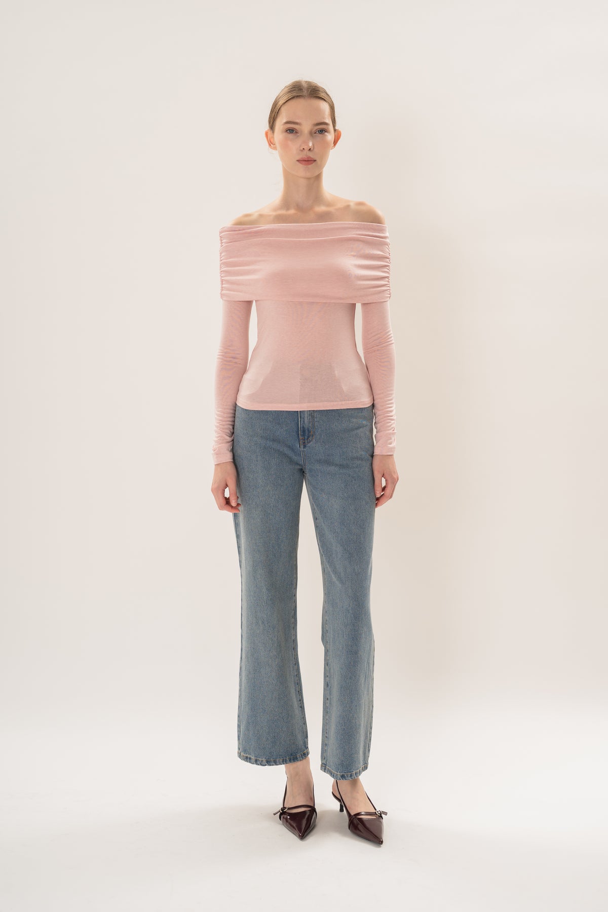 Off Shoulder Stretch Knit Top in Pink