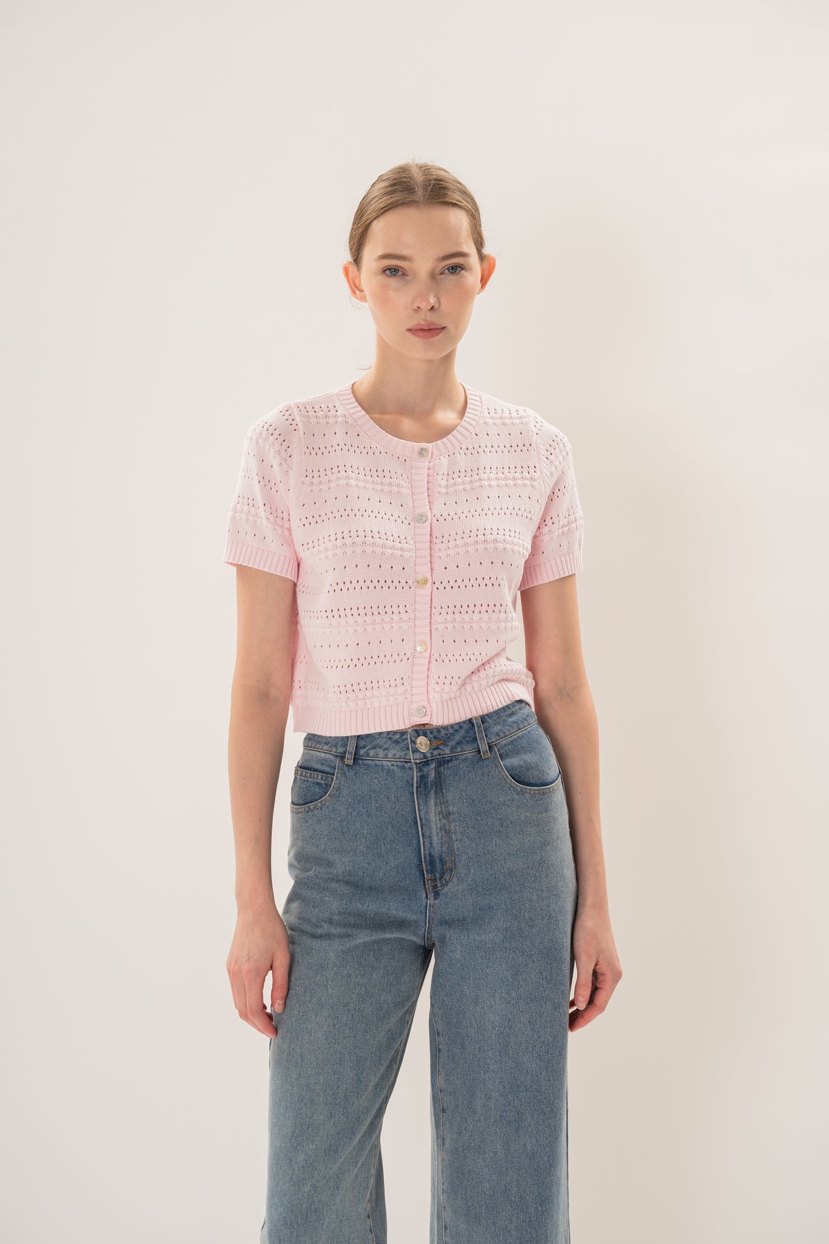 Crochet Knit Short Sleeve Cardigan Top in Pale Pink