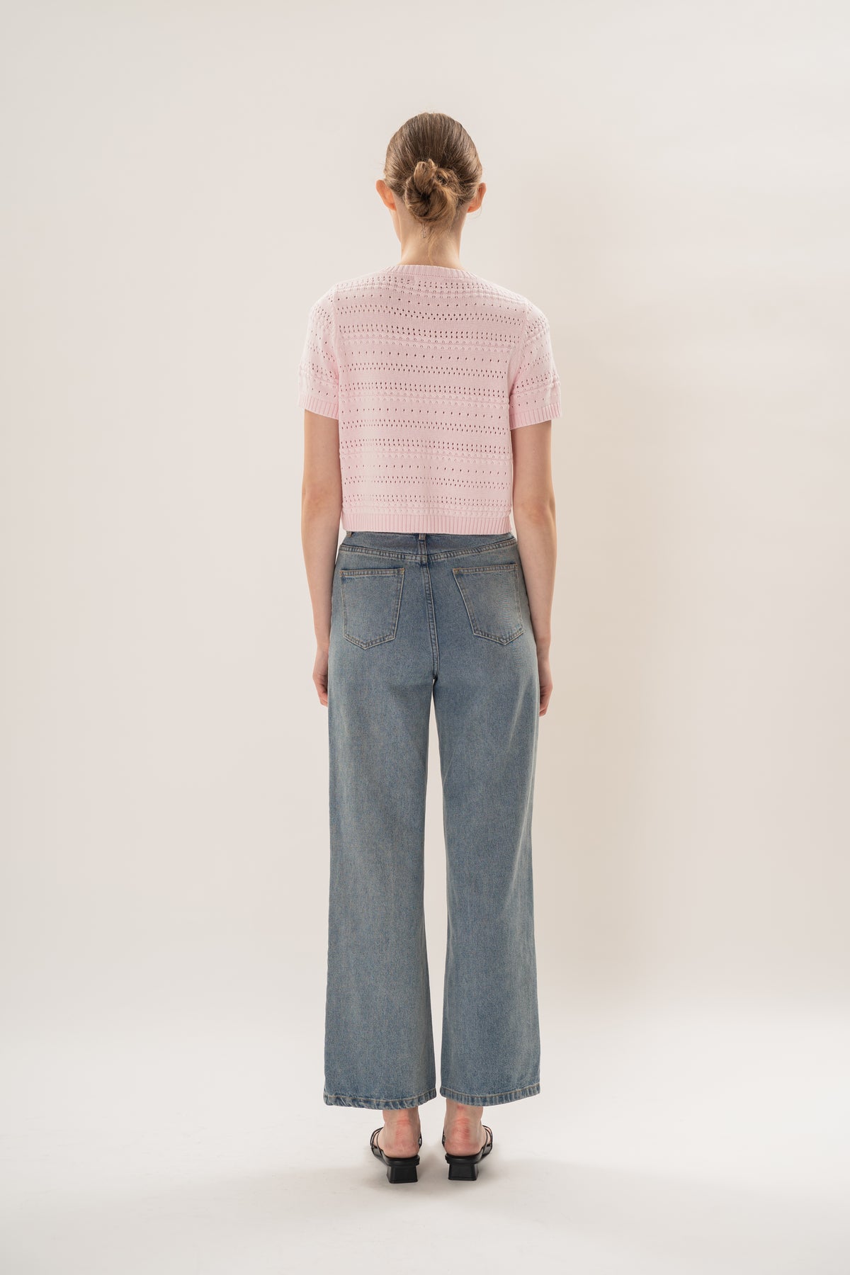 Crochet Knit Short Sleeve Cardigan Top in Pale Pink
